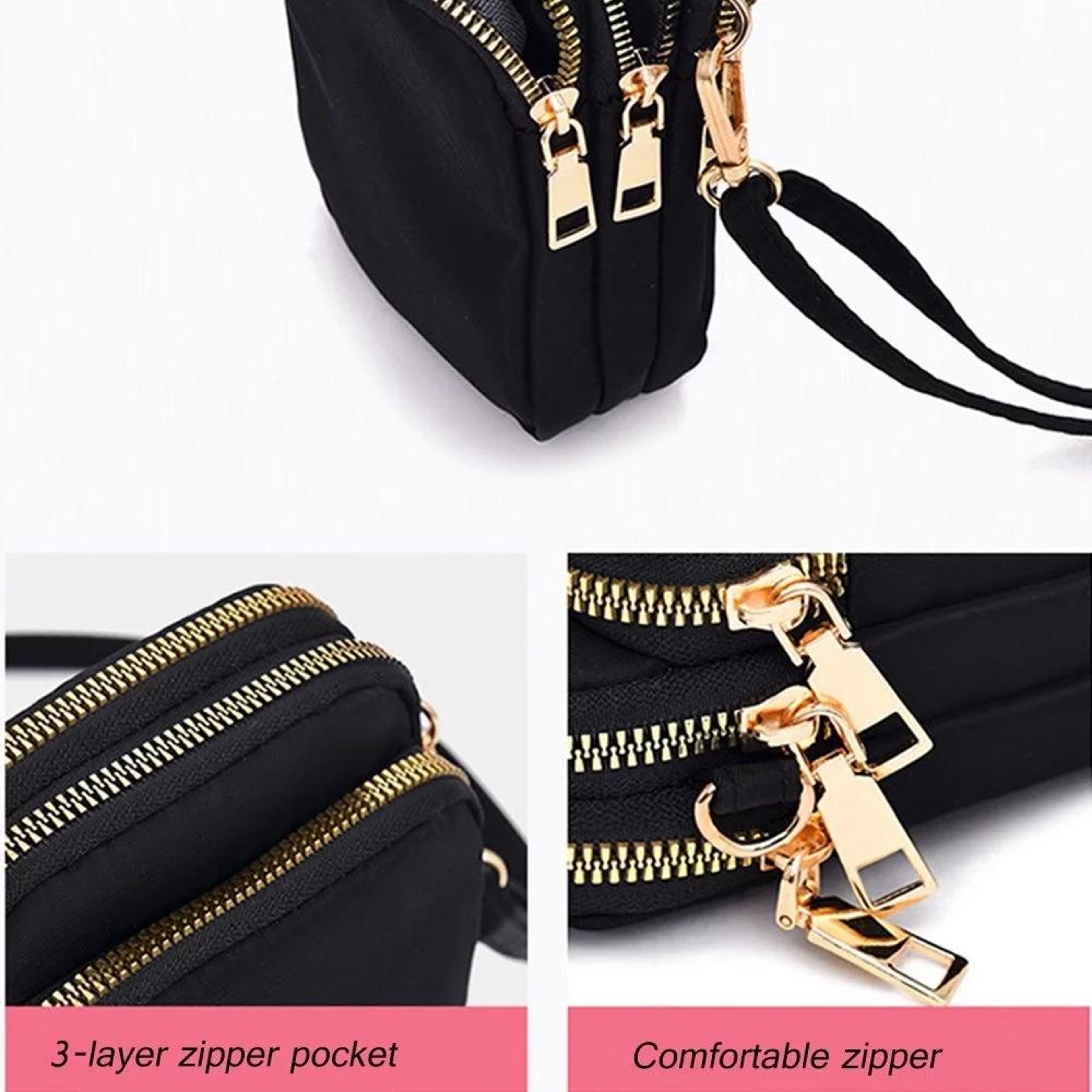 Womens Mini Crossbody Phone Bag with Triple Zipper Compartments – view 4
