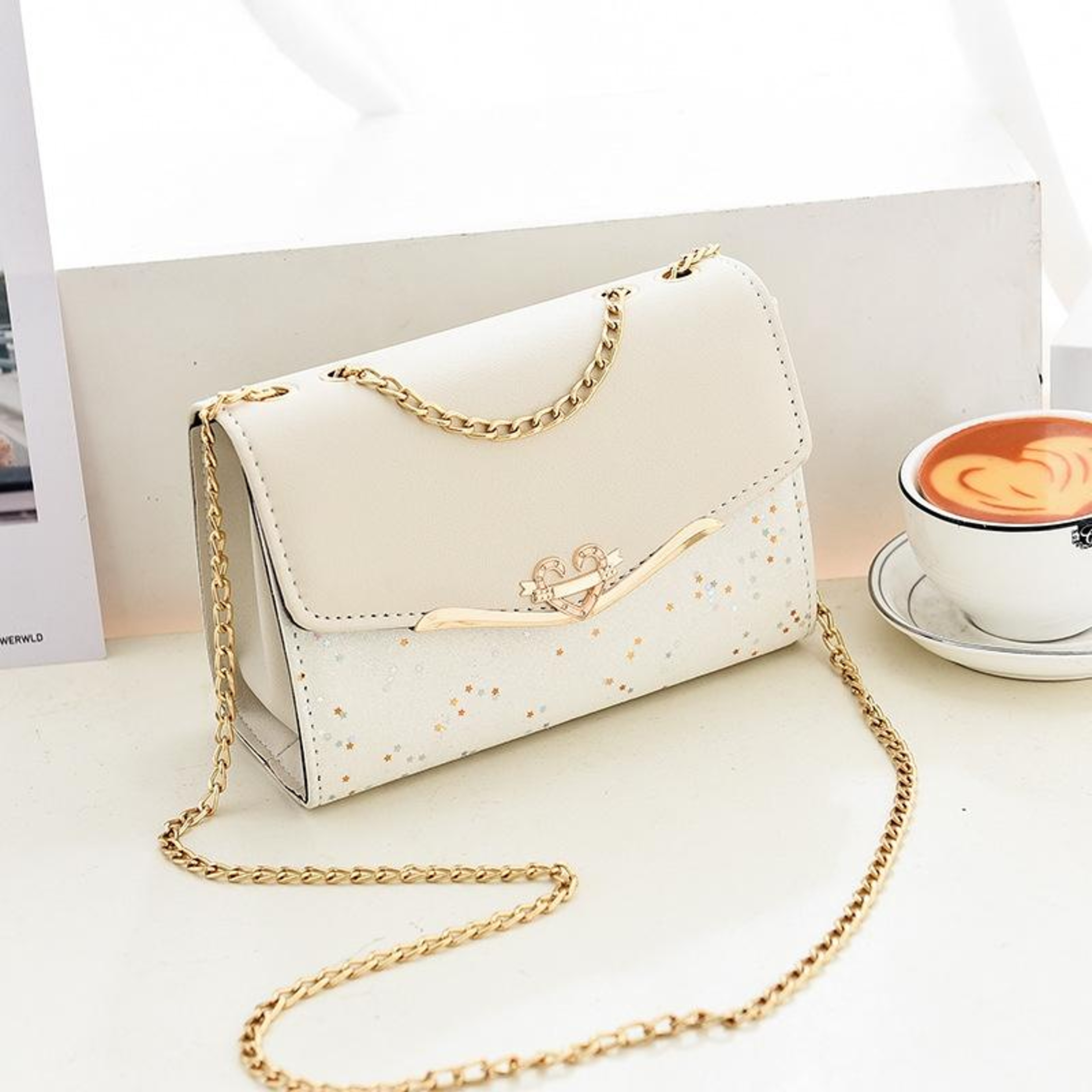 Womens Sequin Shoulder Bag with Chain Strap and Heart Decoration – view 14
