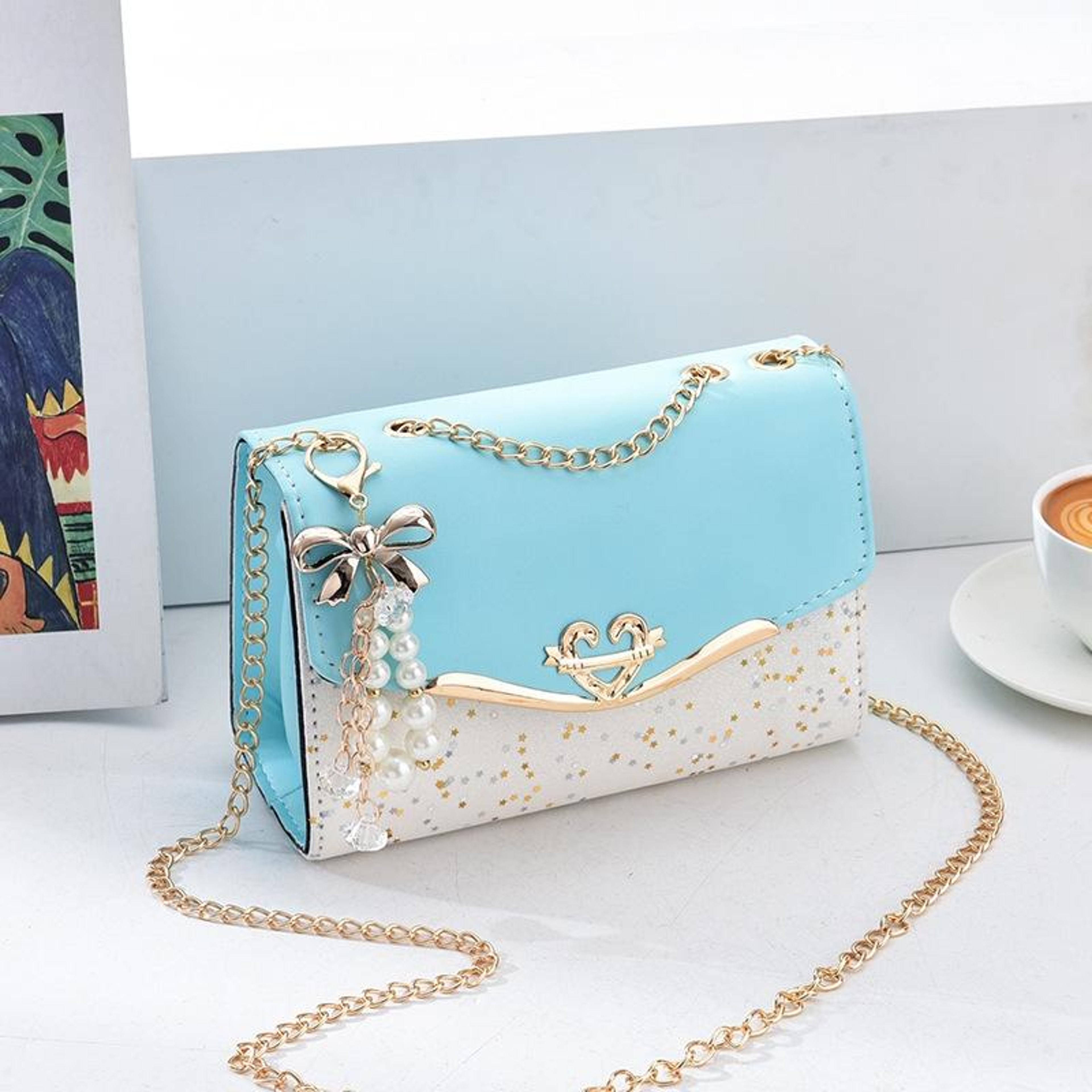 Womens Sequin Shoulder Bag with Chain Strap and Heart Decoration – view 18