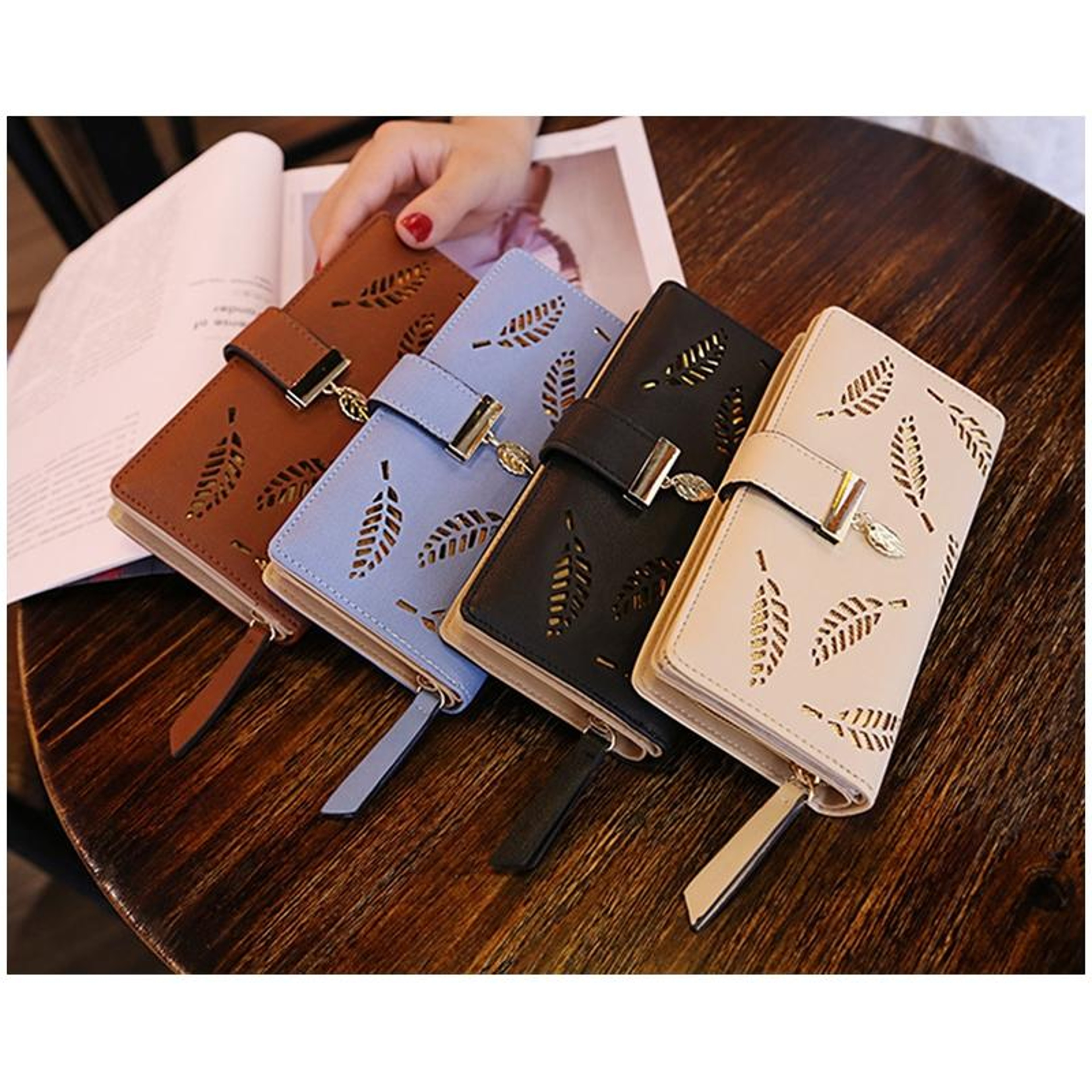 Womens Long PU Leather Wallet with Hollow Leaf Design and Zipper Closure – view 2