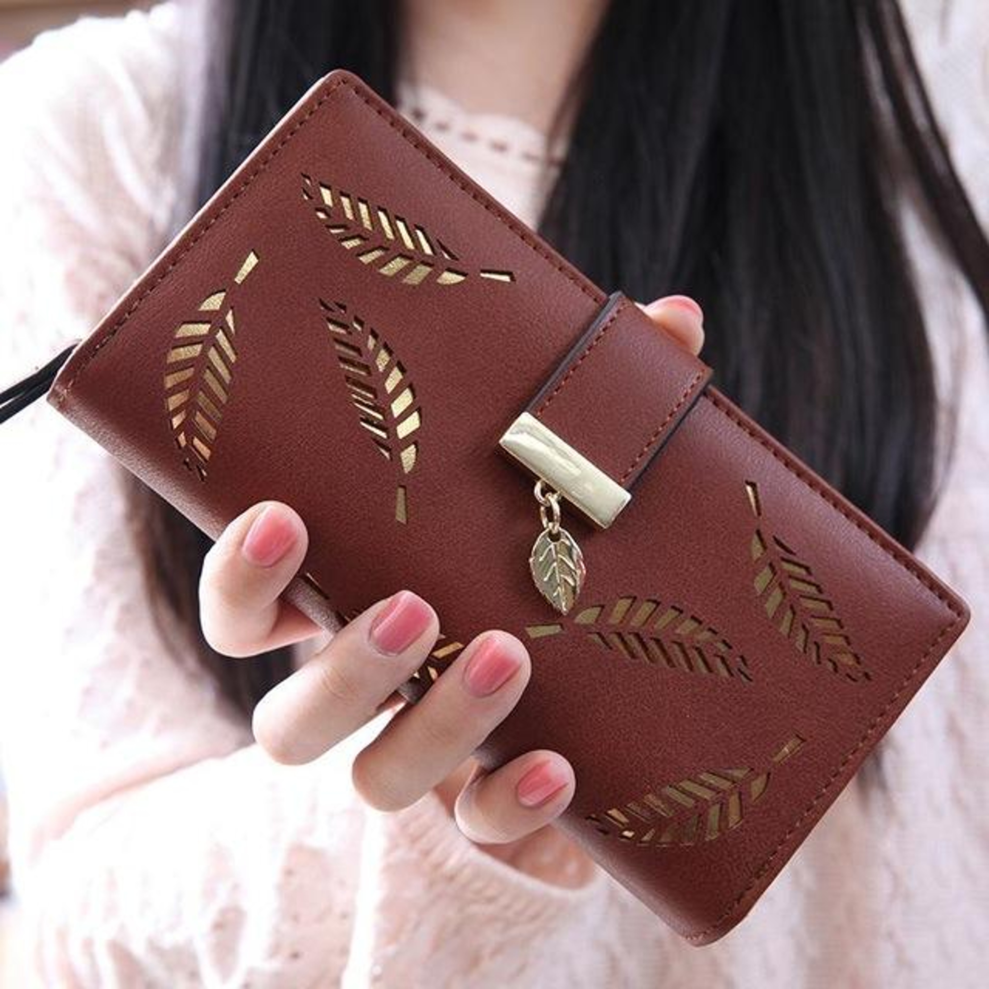 Womens Long PU Leather Wallet with Hollow Leaf Design and Zipper Closure – view 17