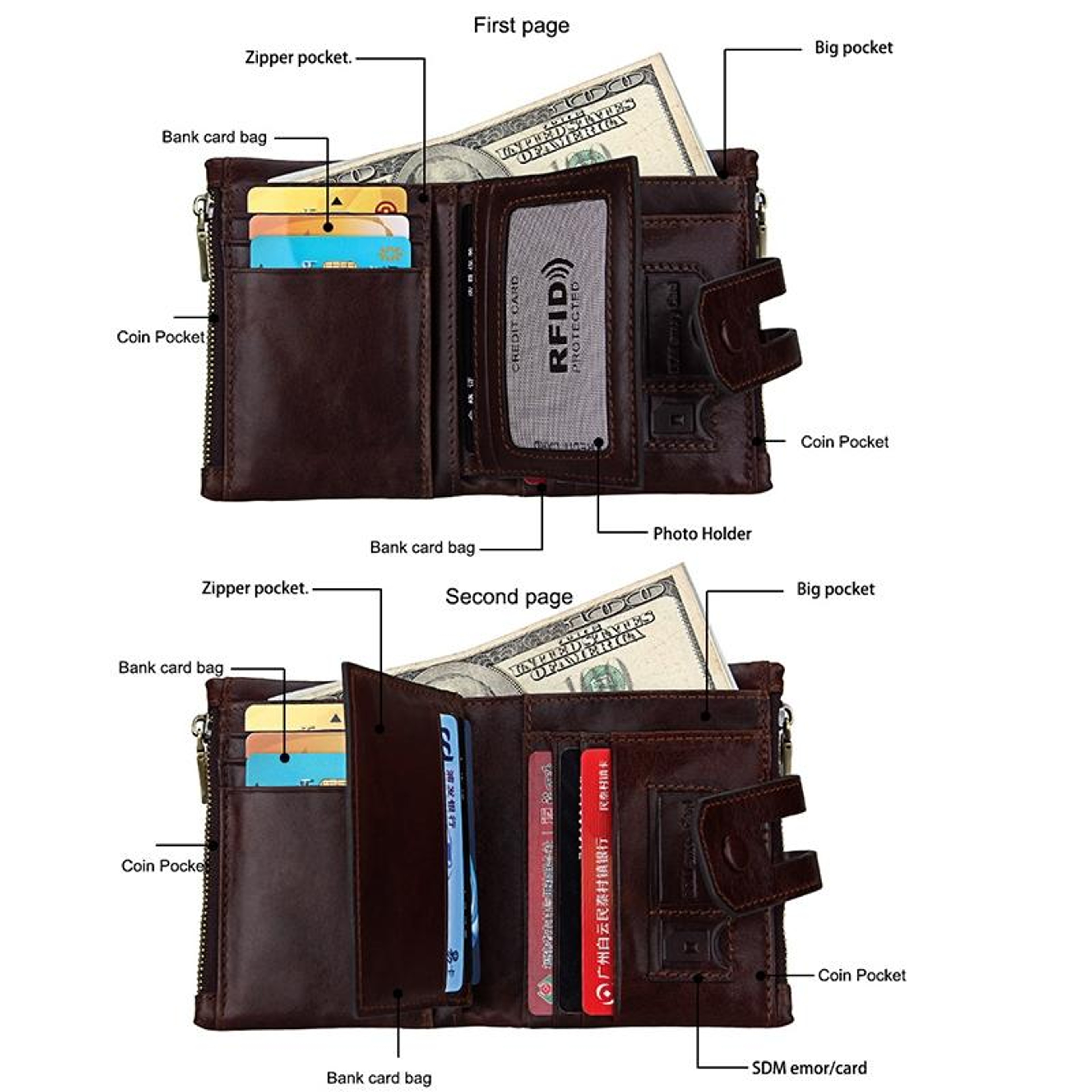 Genuine Cowhide Leather RFID Blocking Trifold Wallet with Zippered Coin Pocket – view 3