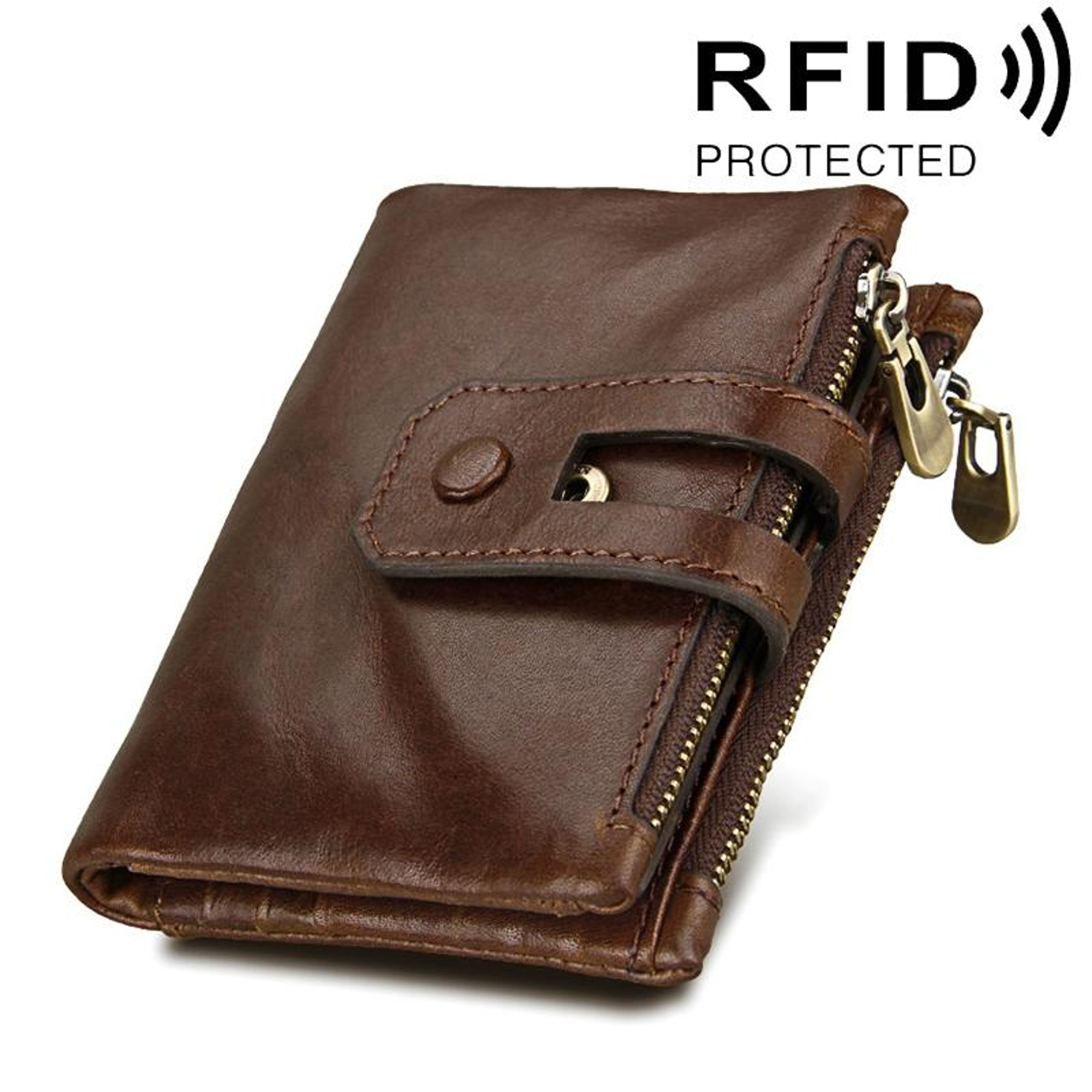 Genuine Cowhide Leather RFID Blocking Trifold Wallet with Zippered Coin Pocket – view 10