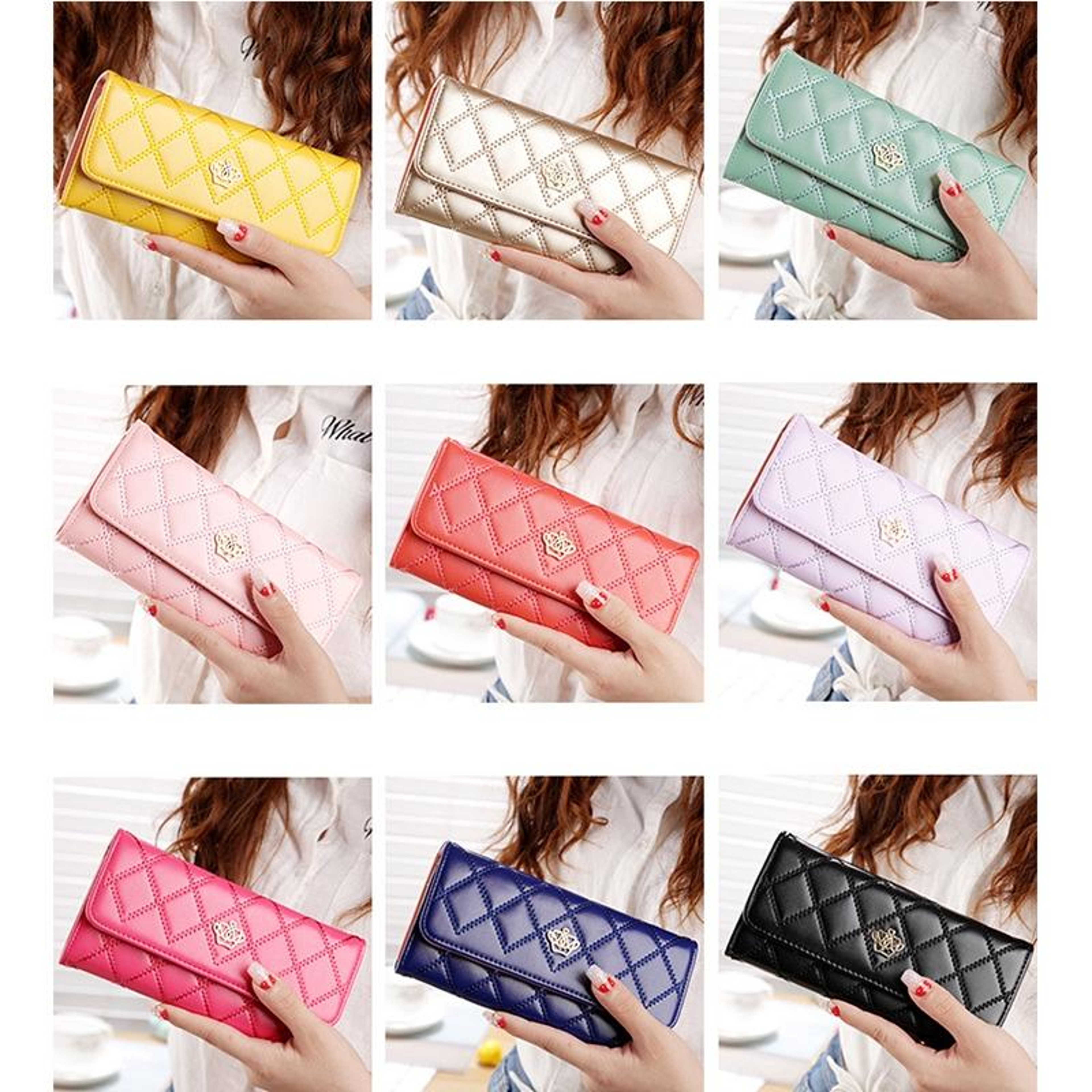 Womens Trifold PU Leather Long Wallet with Argyle Texture and Metal Crown – view 10