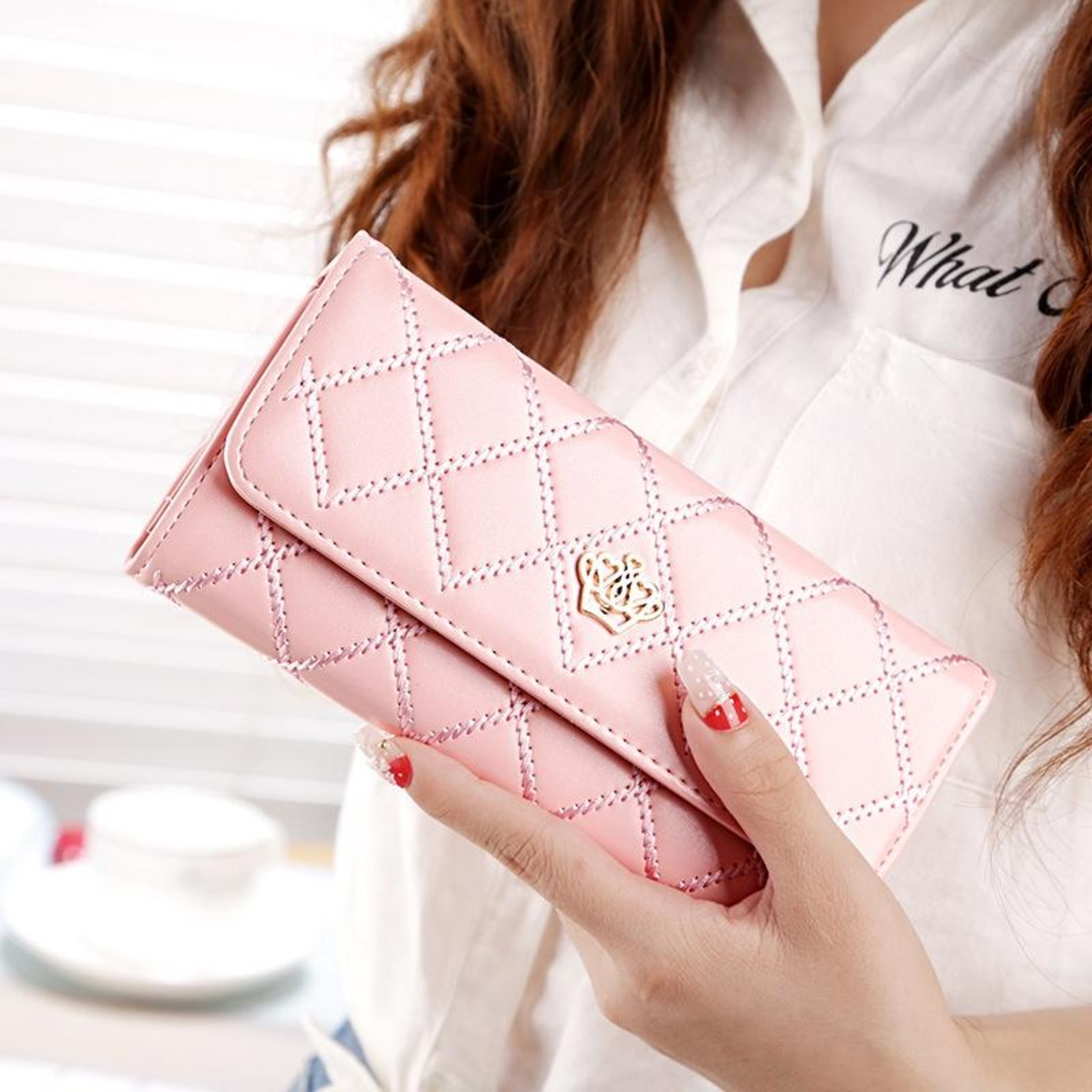 Womens Trifold PU Leather Long Wallet with Argyle Texture and Metal Crown – view 11