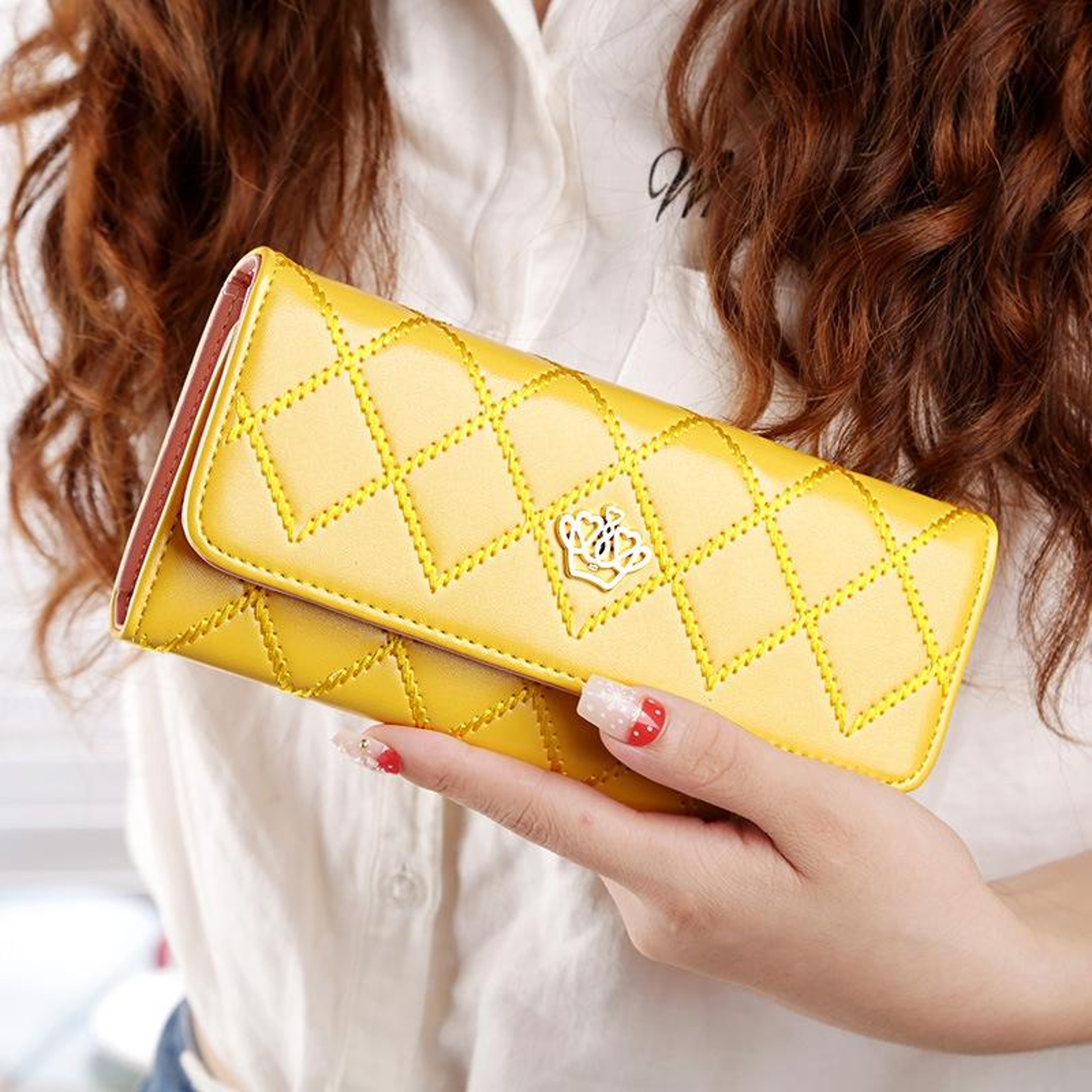 Womens Trifold PU Leather Long Wallet with Argyle Texture and Metal Crown – view 14