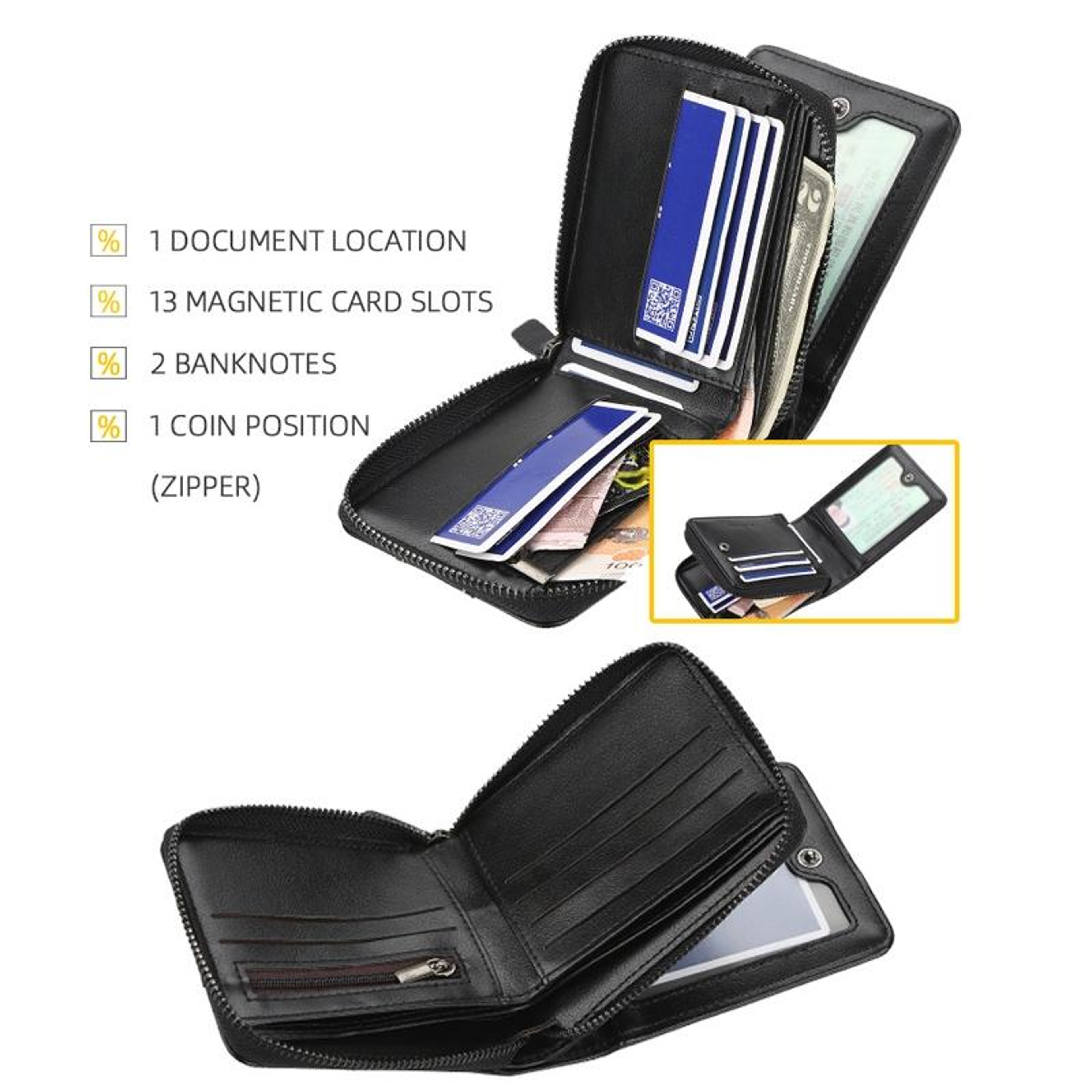 Mens Trifold Wallet with 13 Card Slots and Zippered Coin Pocket – view 8