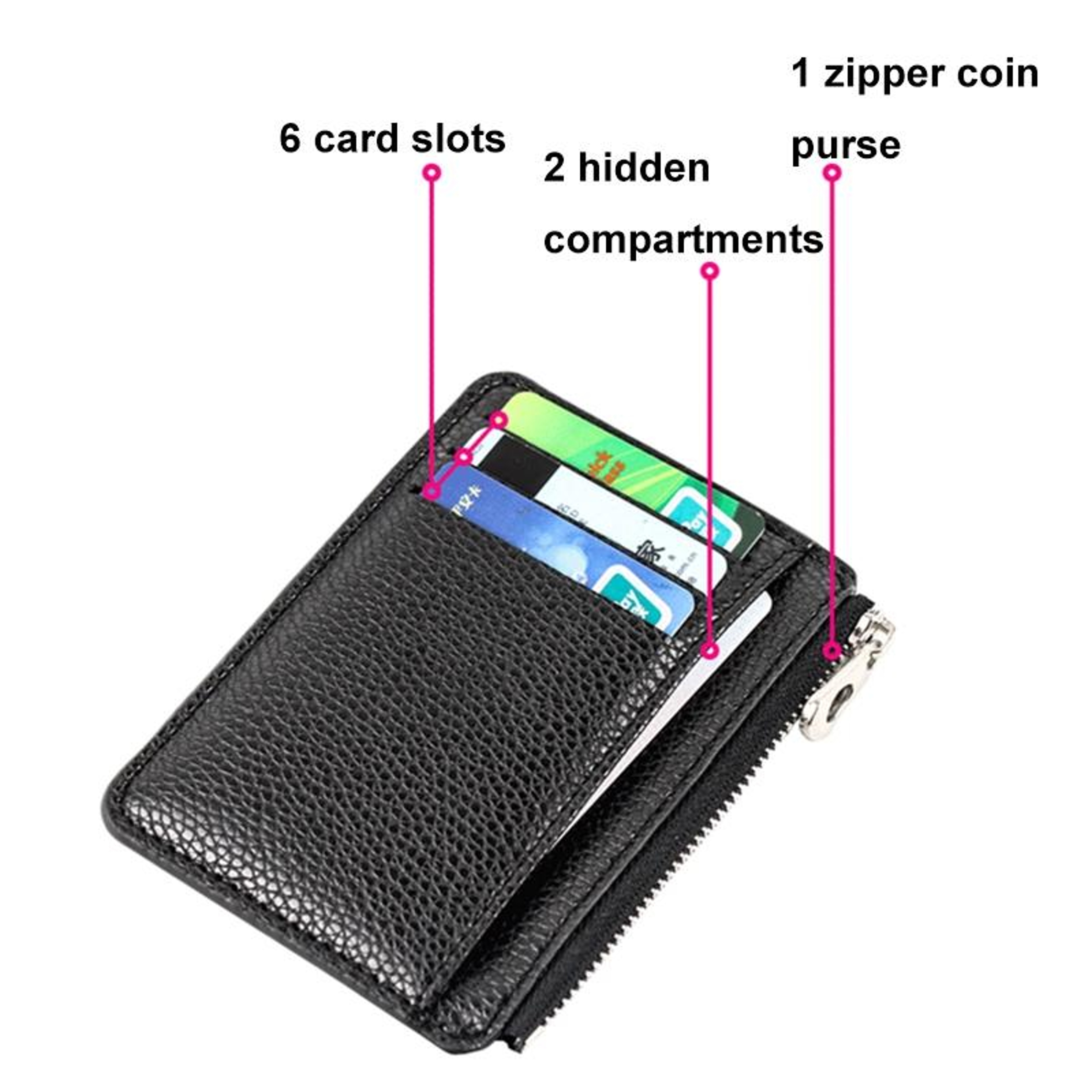 Slim PU Leather Card Holder Wallet with Multiple Card Slots and Zipper – view 7