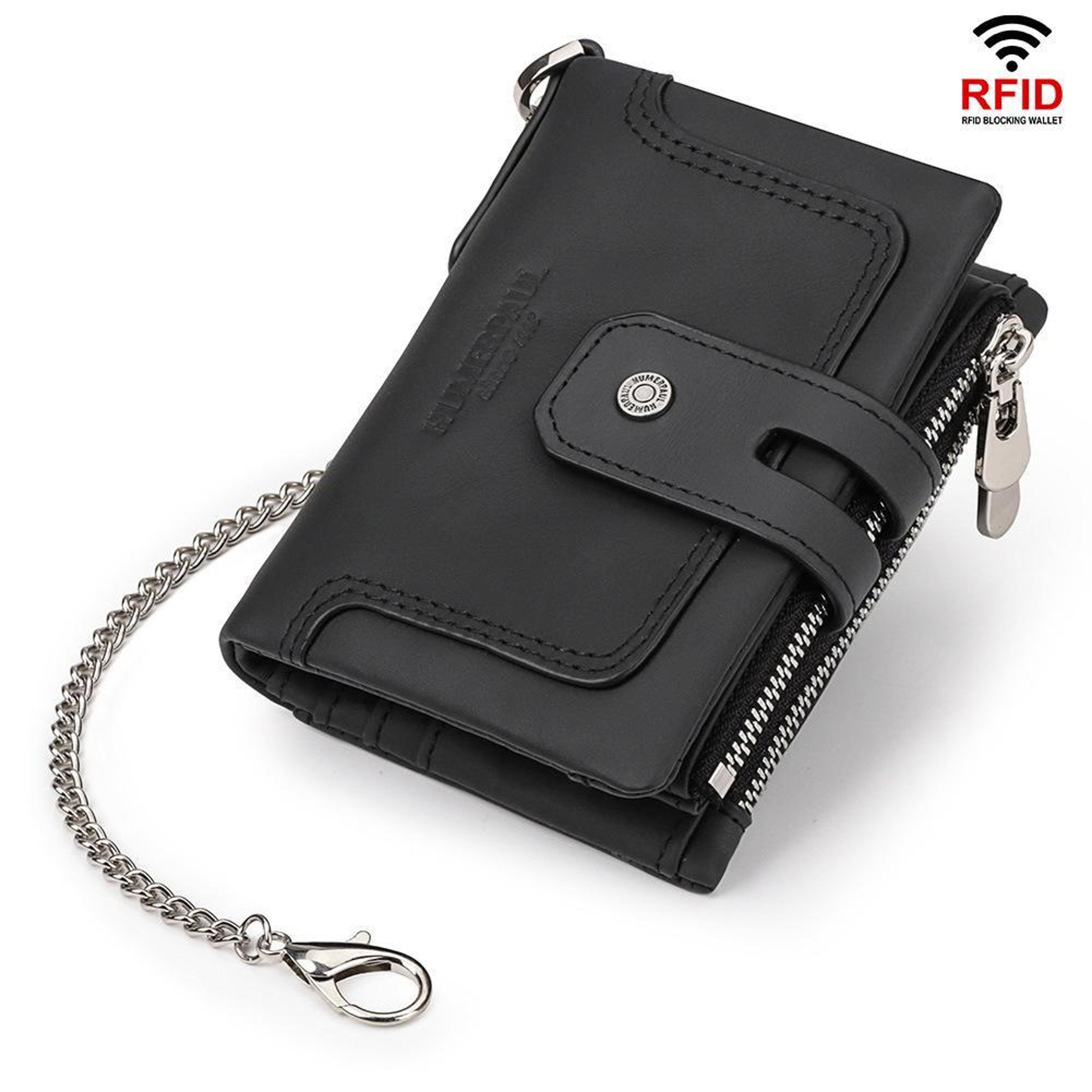 RFID Tri Fold Leather Wallet with Double Zipper Coin Purse and Card Slots – view 8