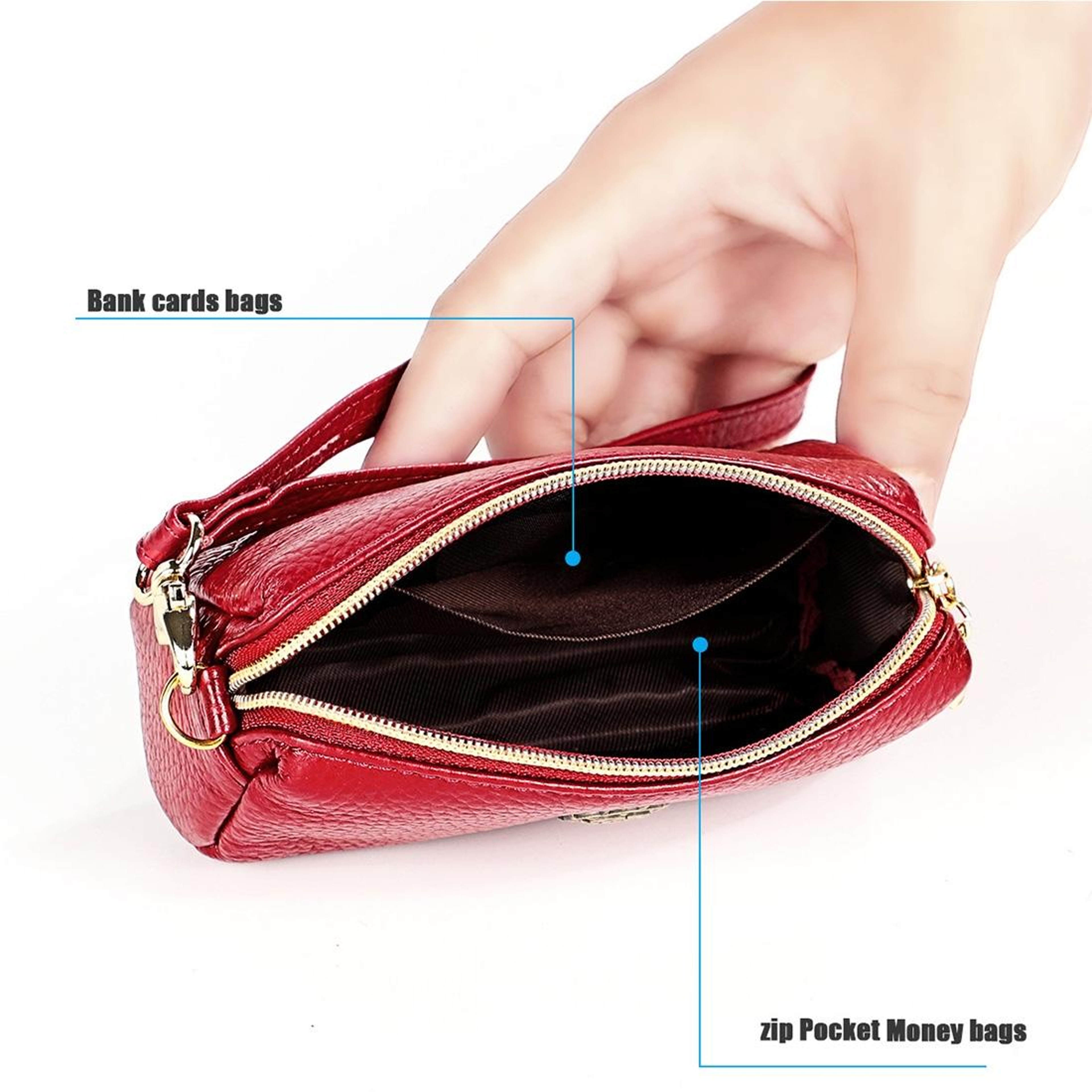 Womens Small Leather Zipper Wallet and Cosmetic Pouch with Lanyard – view 9