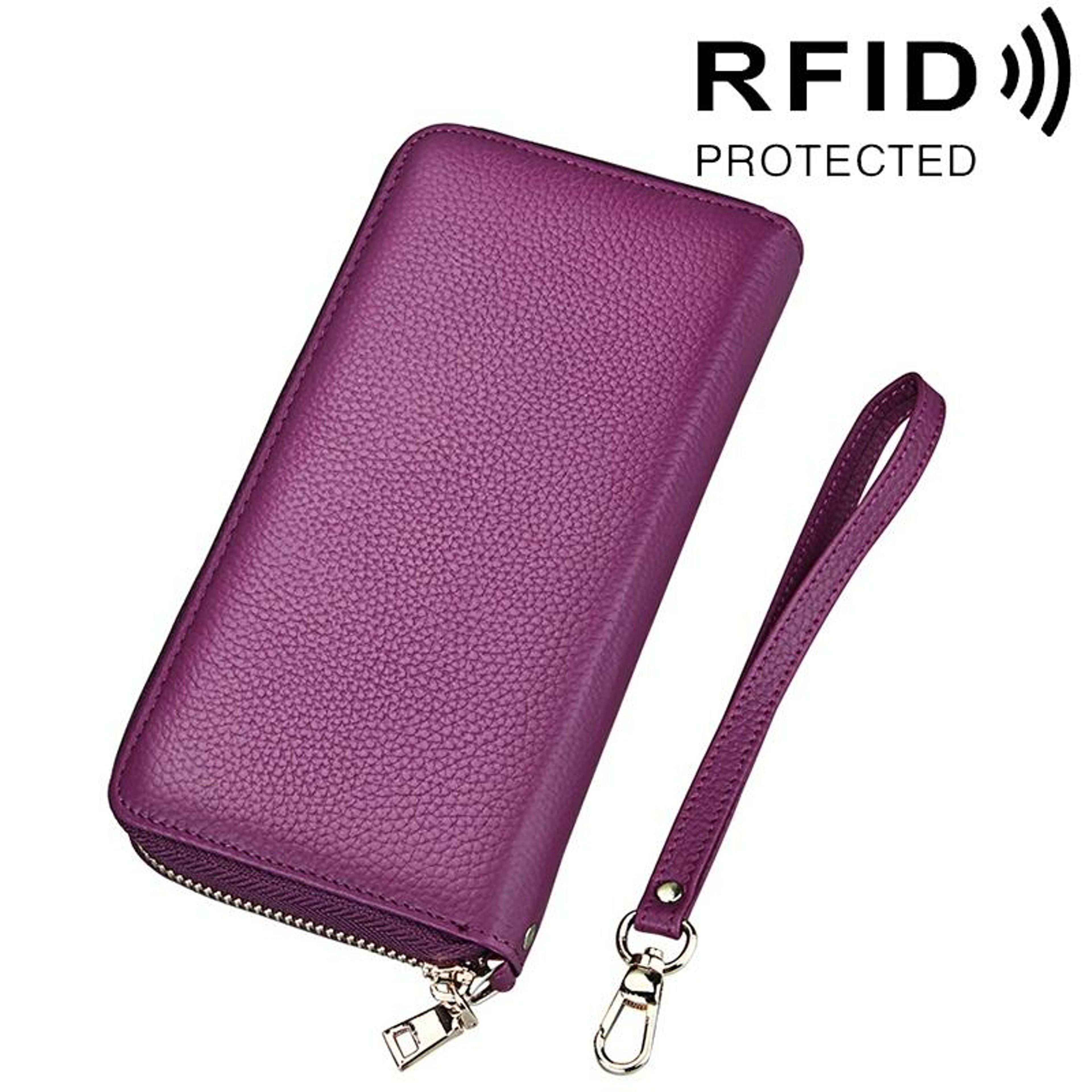 Womens Genuine Cowhide Leather RFID Blocking Long Zipper Wallet with Wrist Strap – view 12