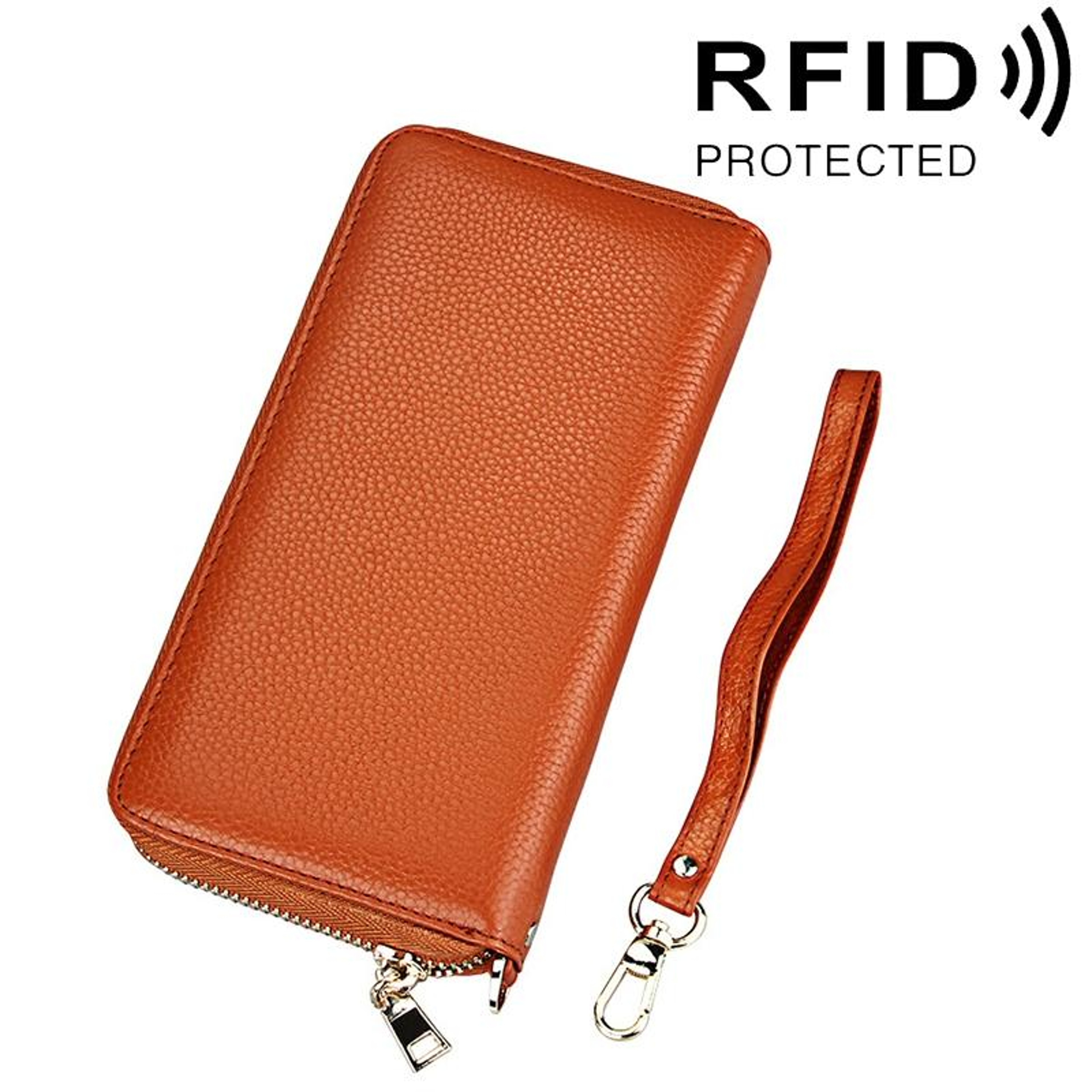 Womens Genuine Cowhide Leather RFID Blocking Long Zipper Wallet with Wrist Strap – view 13