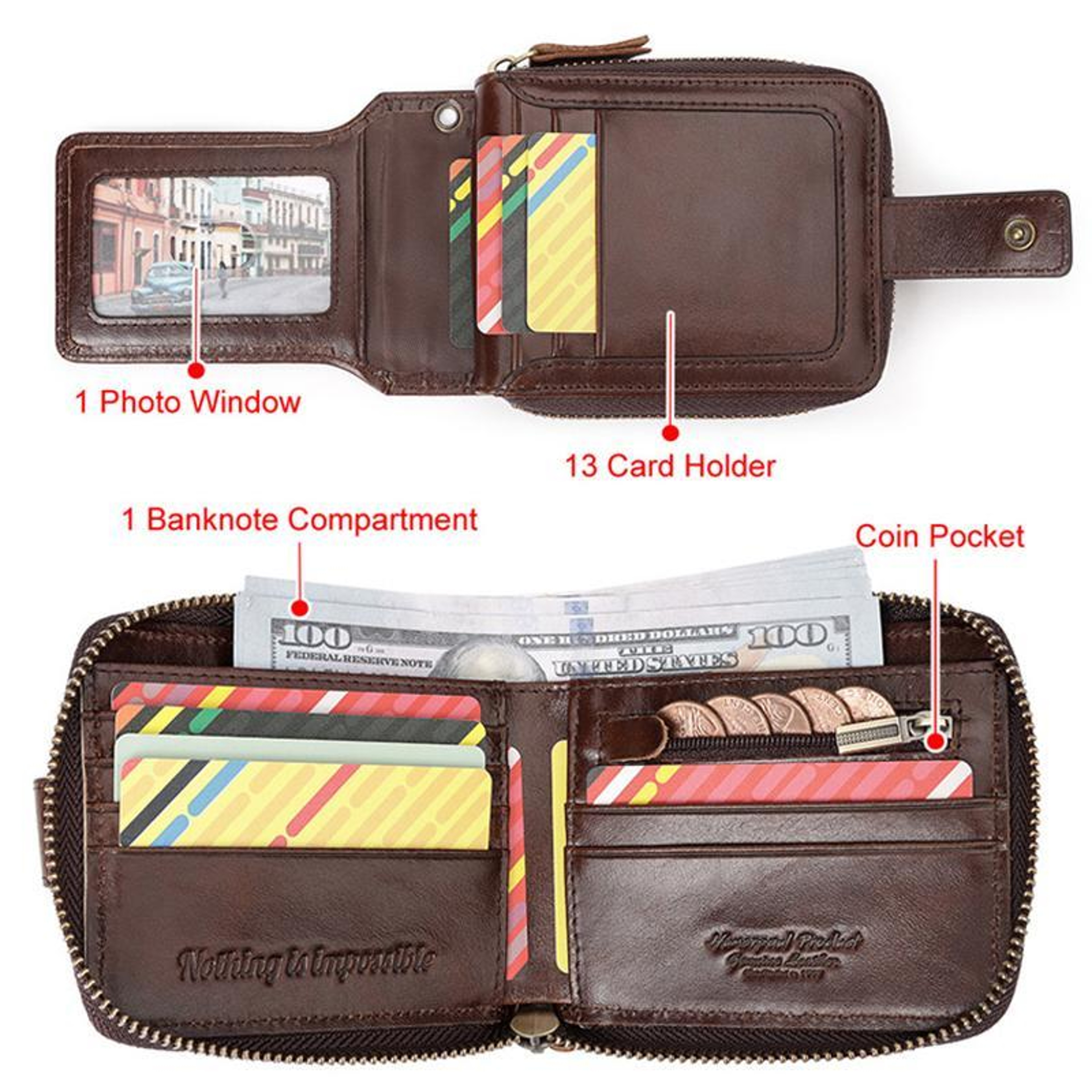 Mens Leather RFID Wallet with Zipper Closure and Multiple Card Slots – view 5
