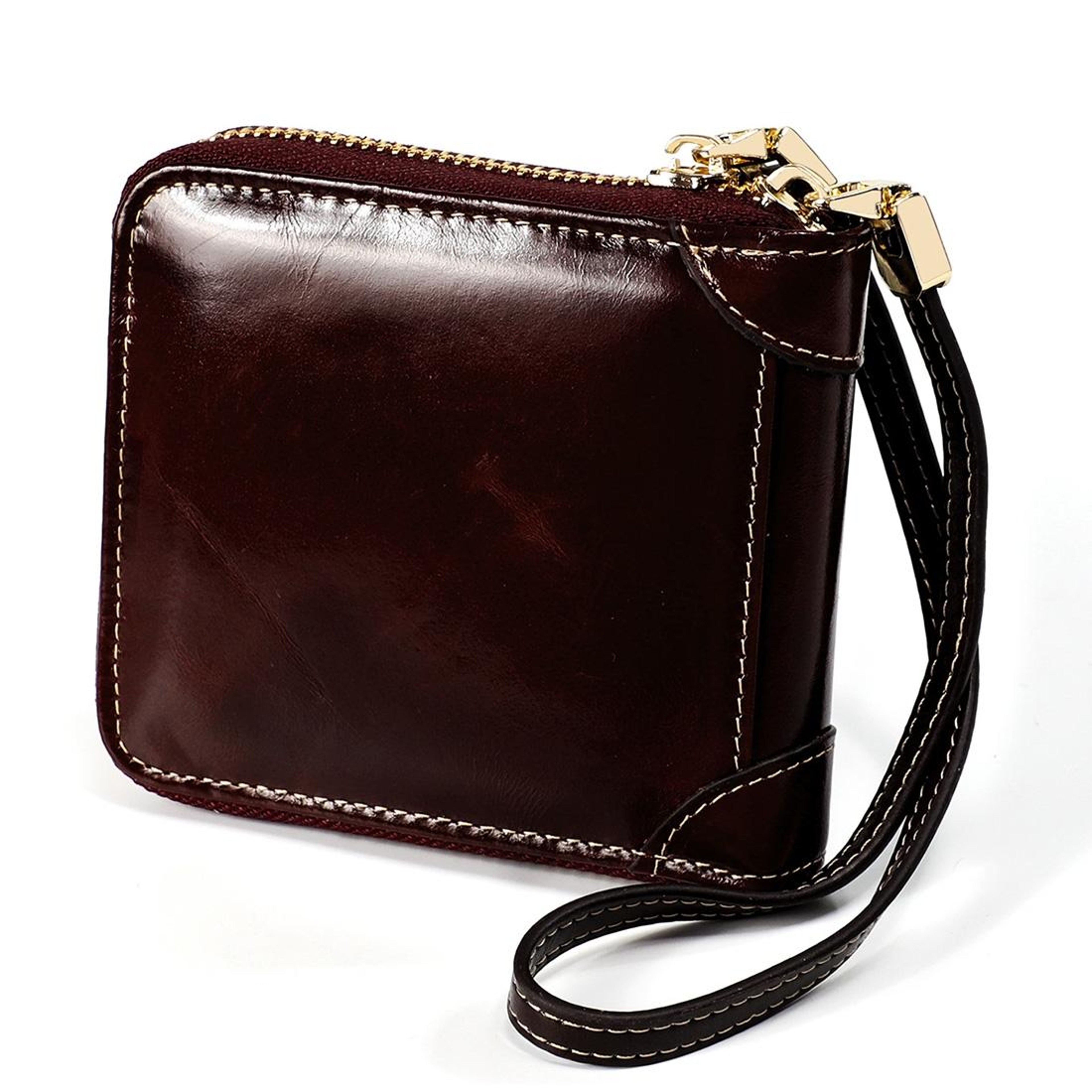 Womens RFID Genuine Oil Wax Leather Zipper Wallet with Lanyard – view 6