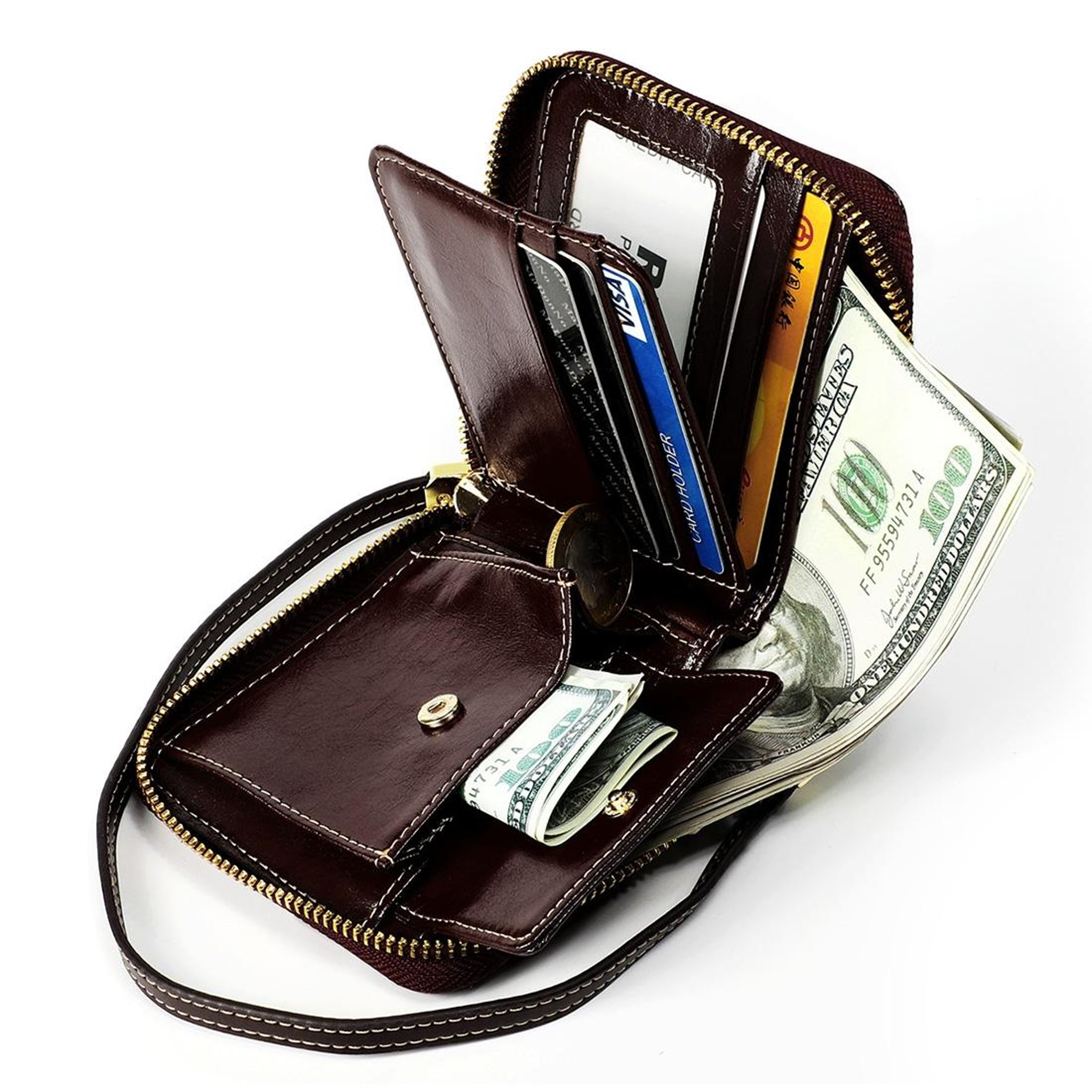 Womens RFID Genuine Oil Wax Leather Zipper Wallet with Lanyard – view 12