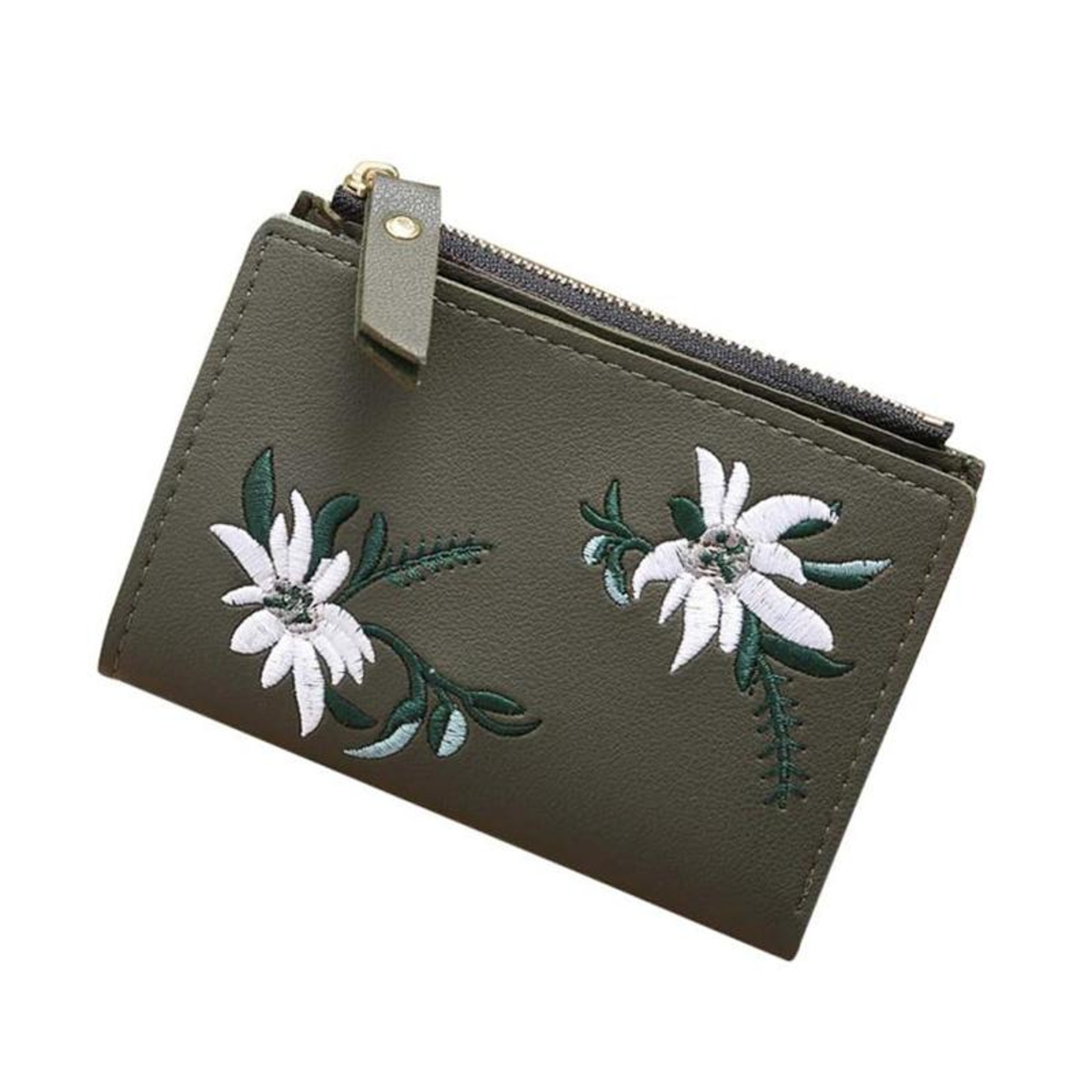 Womens Floral Embroidered PU Leather Short Wallet with Zipper & Card Holder – view 2