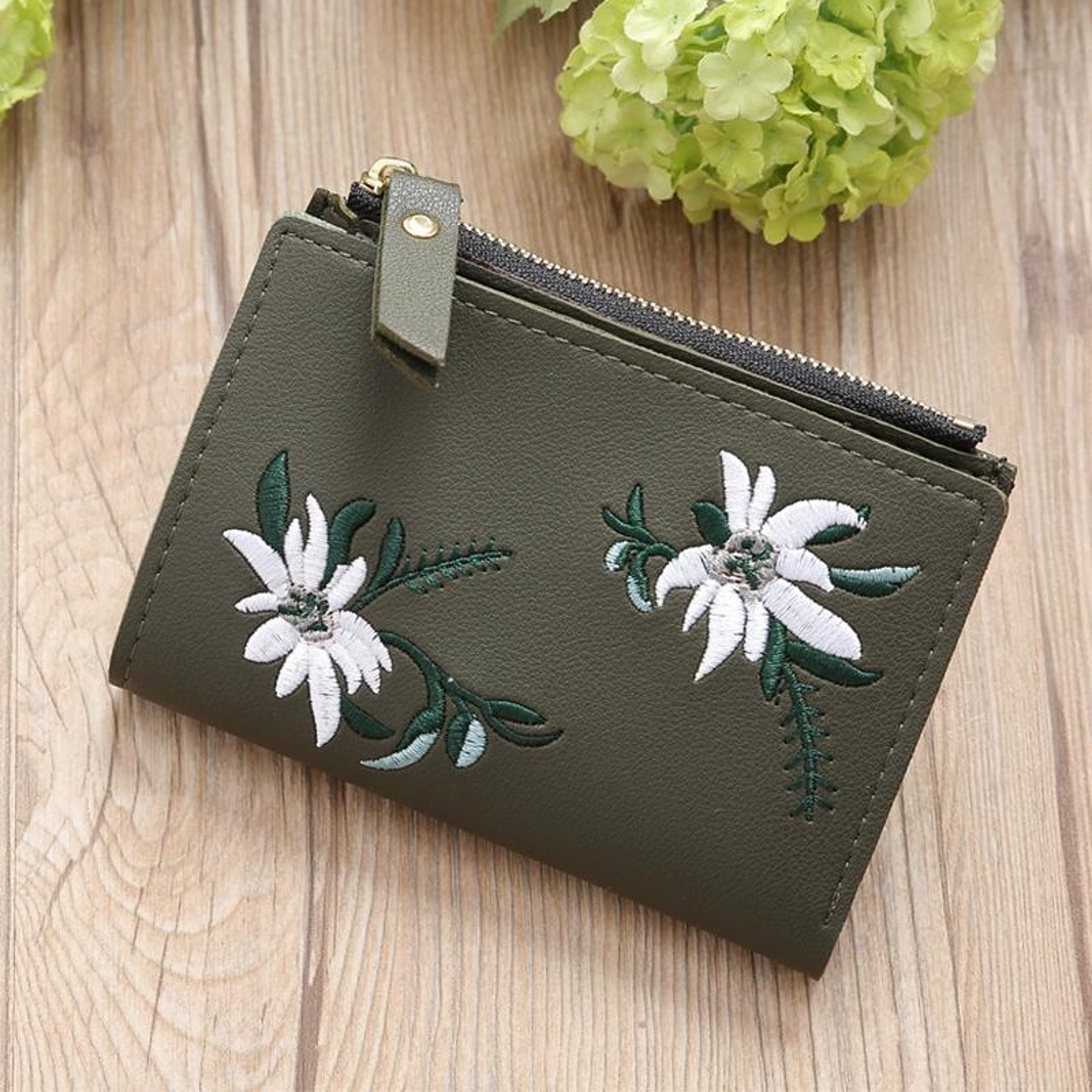 Womens Floral Embroidered PU Leather Short Wallet with Zipper & Card Holder – view 8