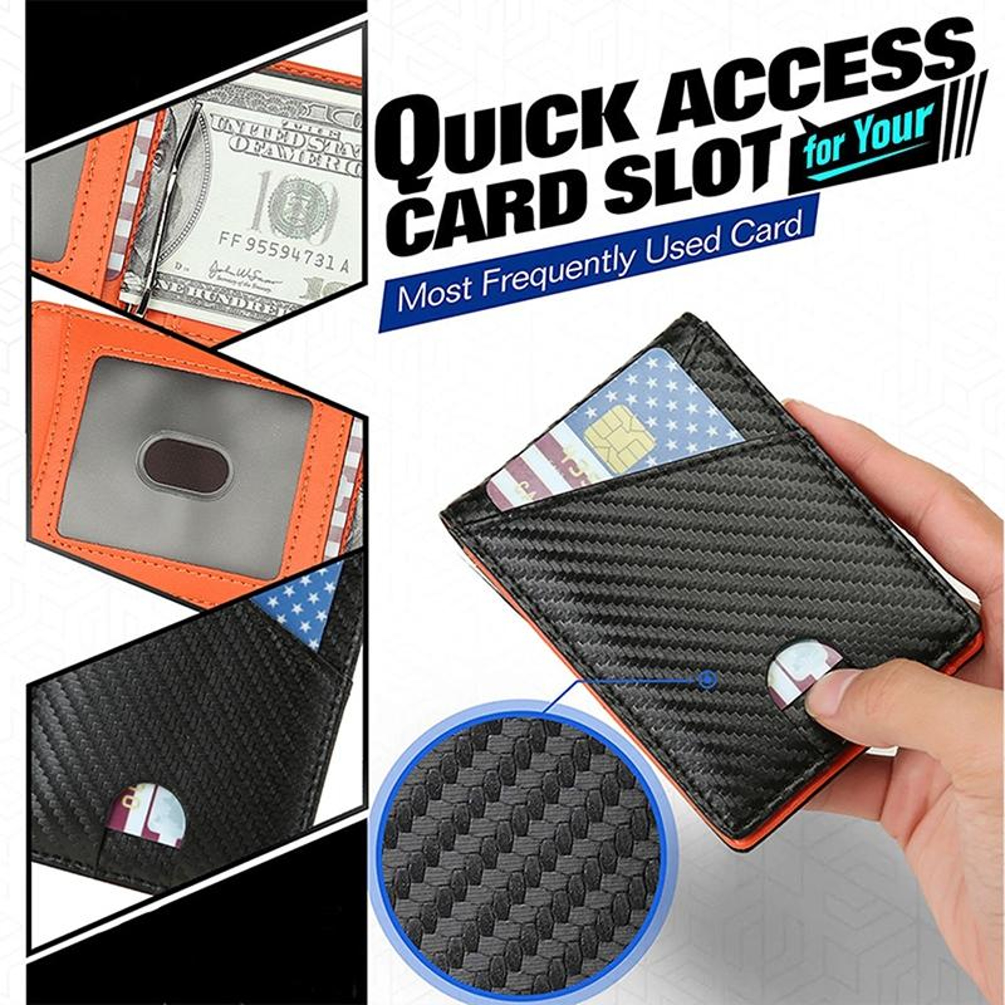 Mens Carbon Fiber and PU Leather Bifold Business Wallet with Money Clip – view 4