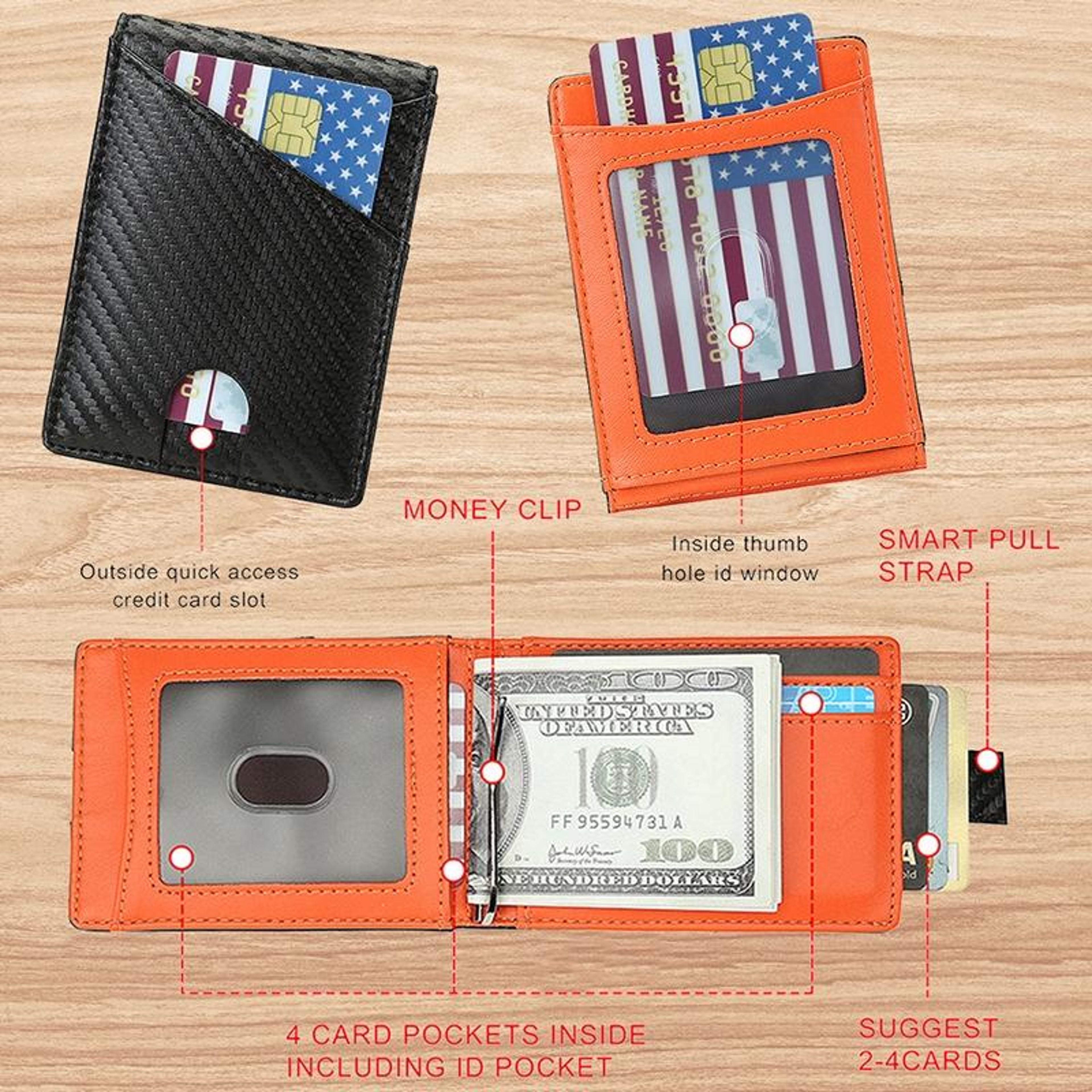 Mens Carbon Fiber and PU Leather Bifold Business Wallet with Money Clip – view 8
