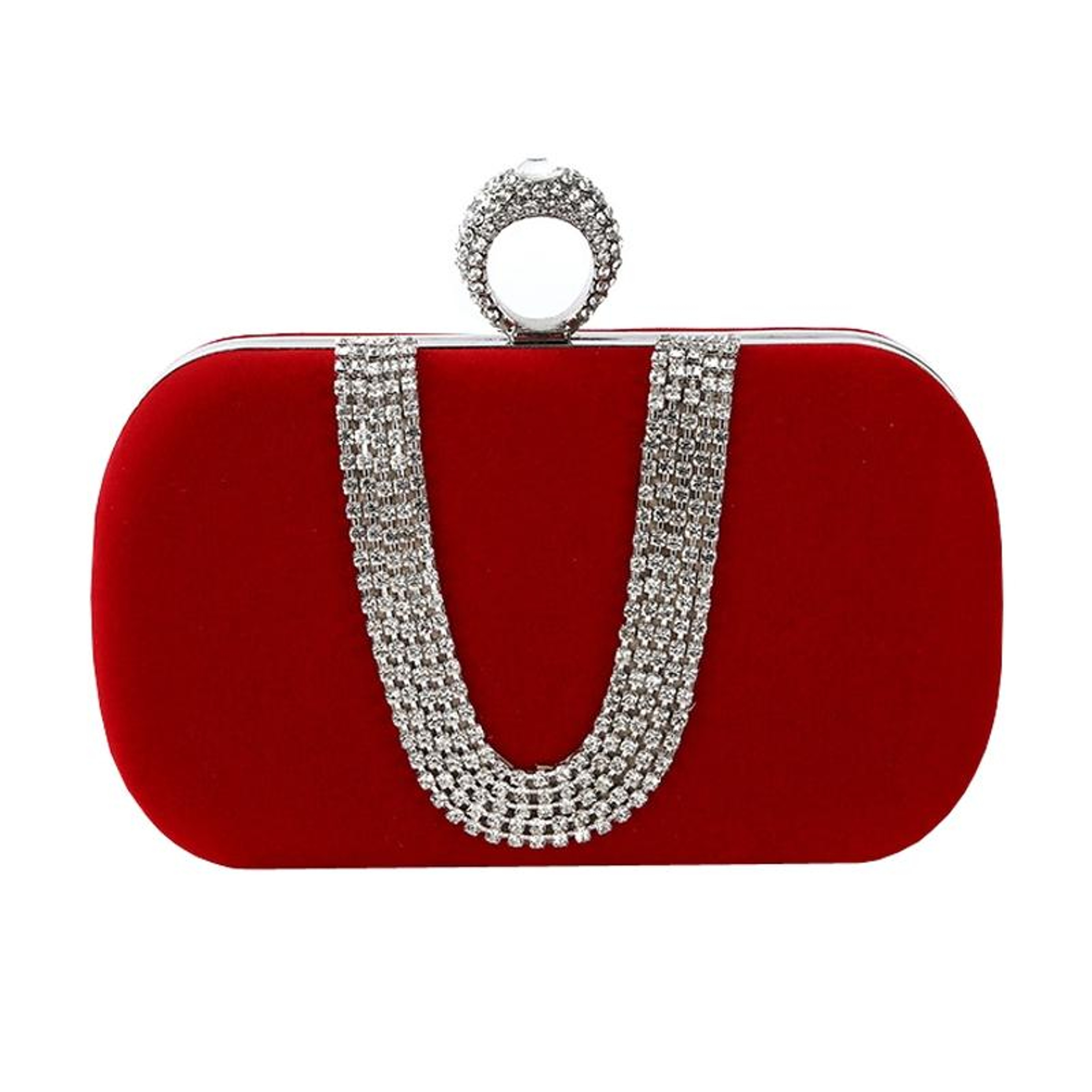 Womens U Shaped Velvet Evening Clutch Bag with Diamond Embellishments and Detachable Chain – view 5