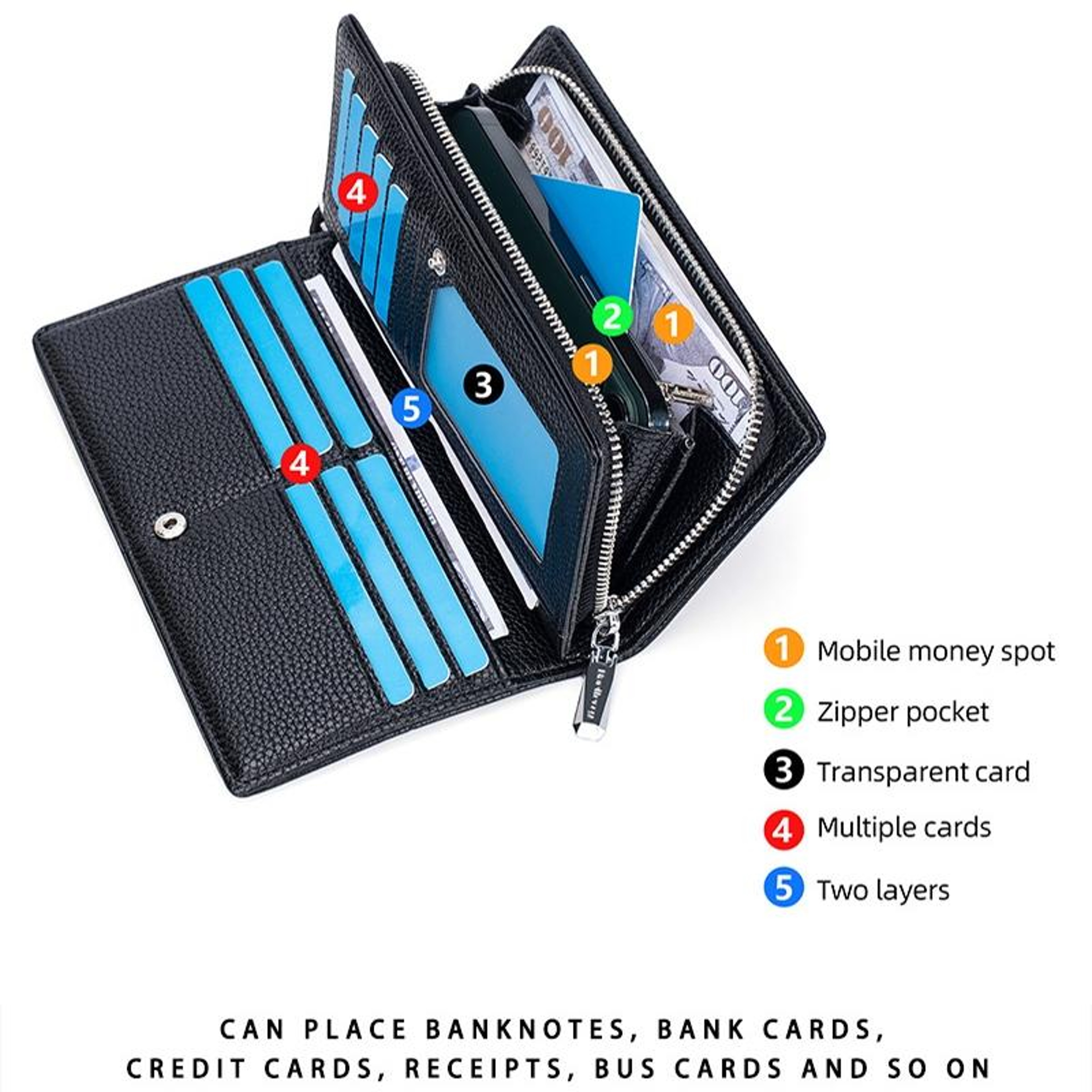 Womens Long PU Leather Zipper Wallet with 11 Card Slots and Lychee Texture – view 4