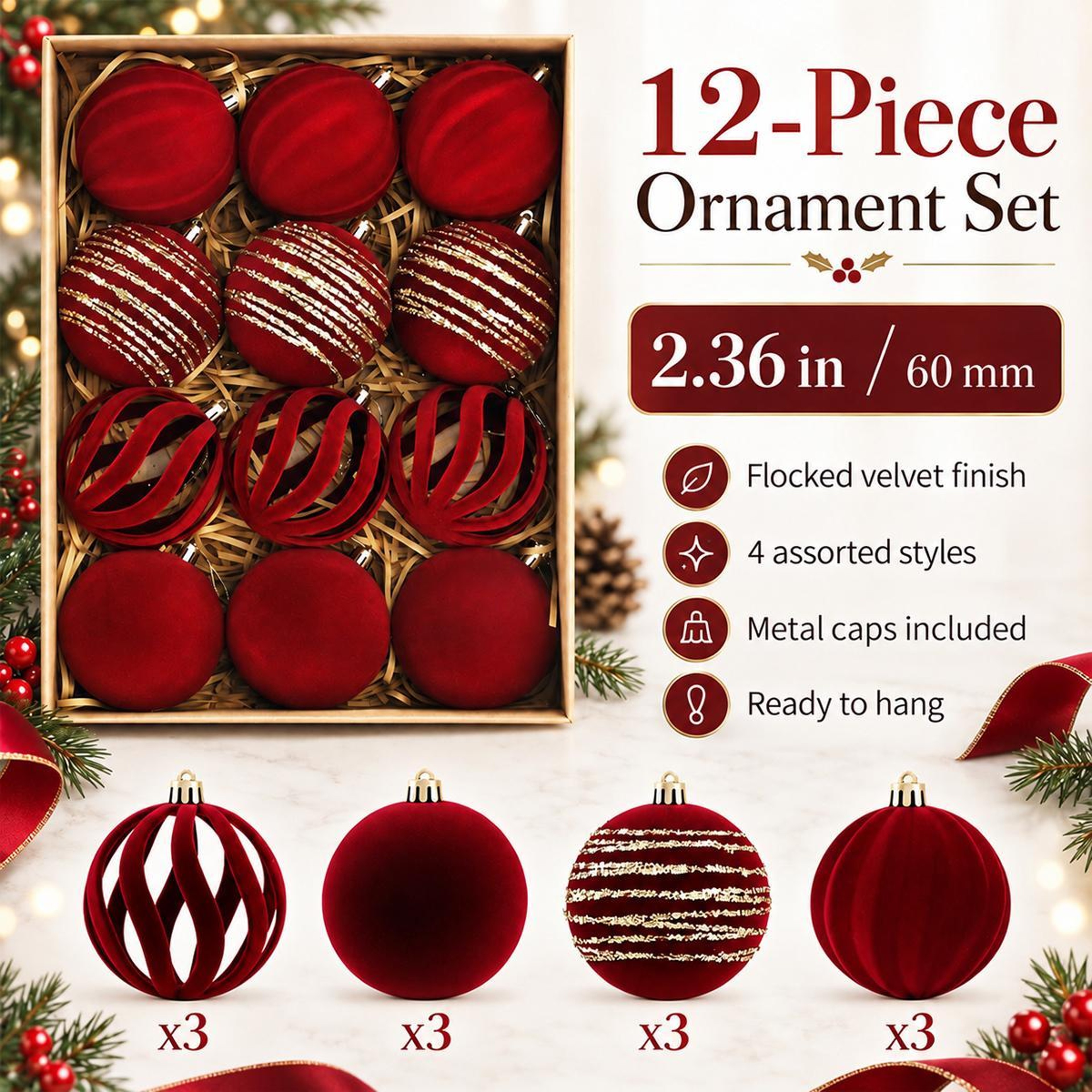 12 Piece Flocked Christmas Ornament Balls with Velvet Finish for Holiday Decor – view 2