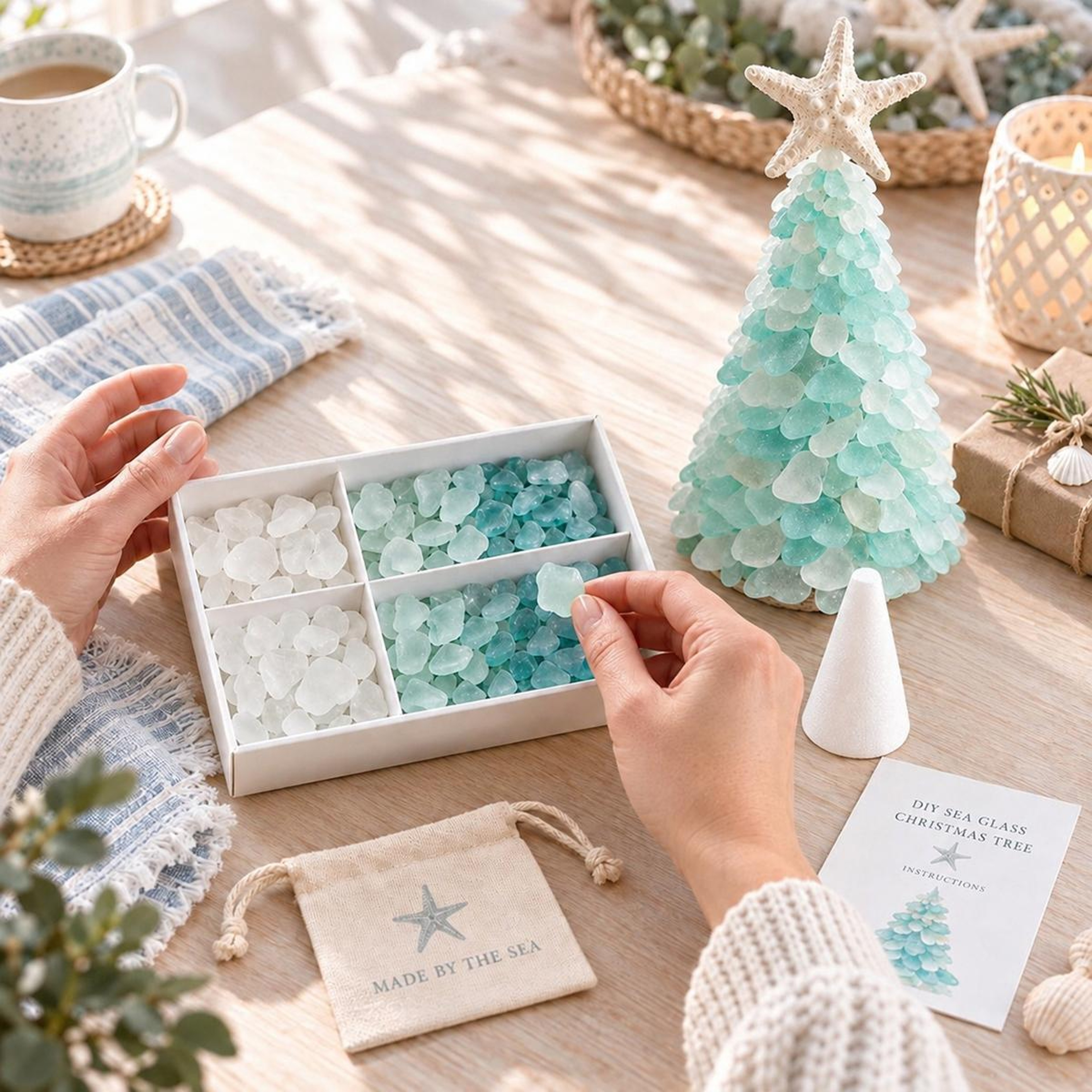 DIY Sea Glass Christmas Tree Craft Kit with Starfish Topper for Coastal Holiday Decor – view 4
