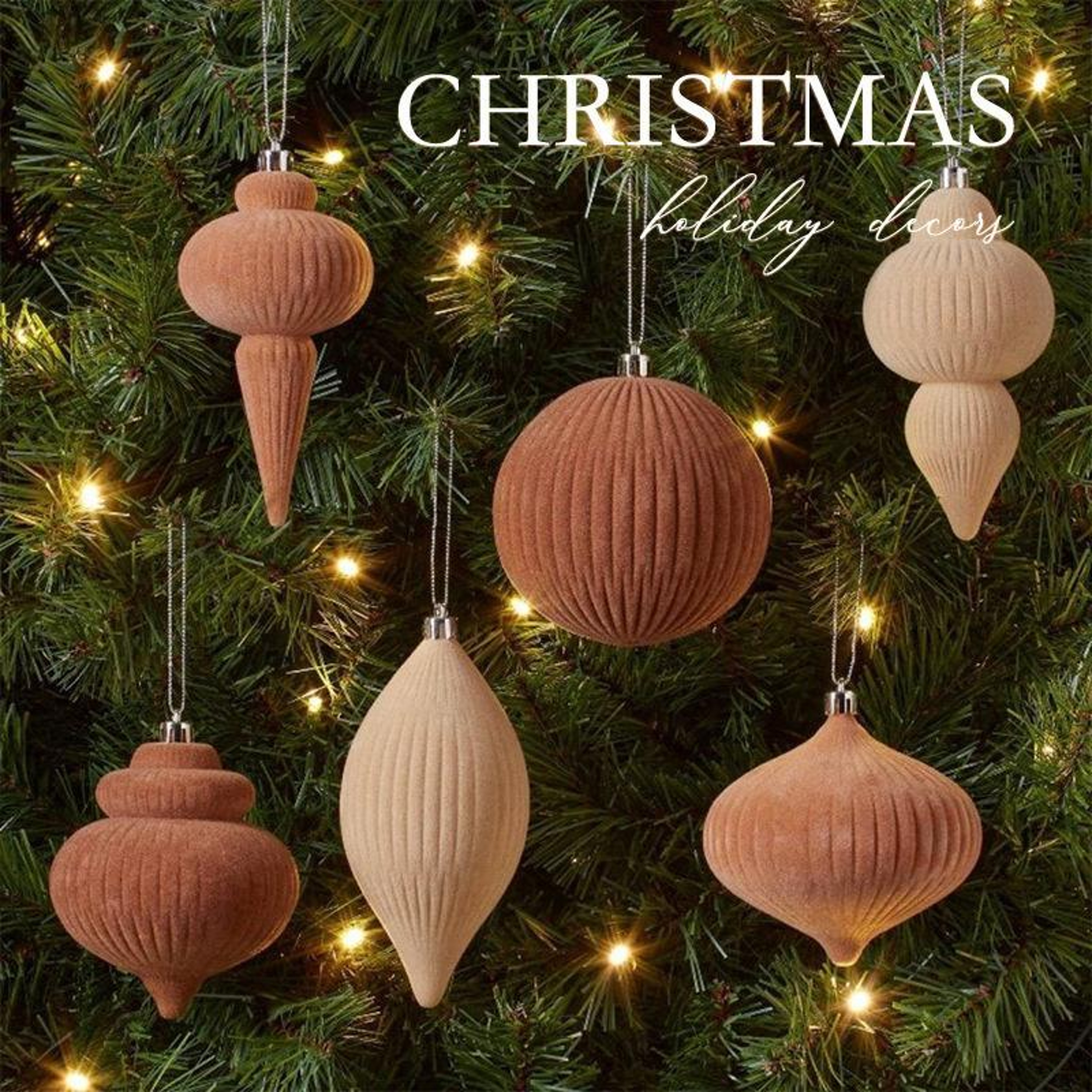 6 Piece Flocked Christmas Ball Ornaments in Beige and Brown – view 2