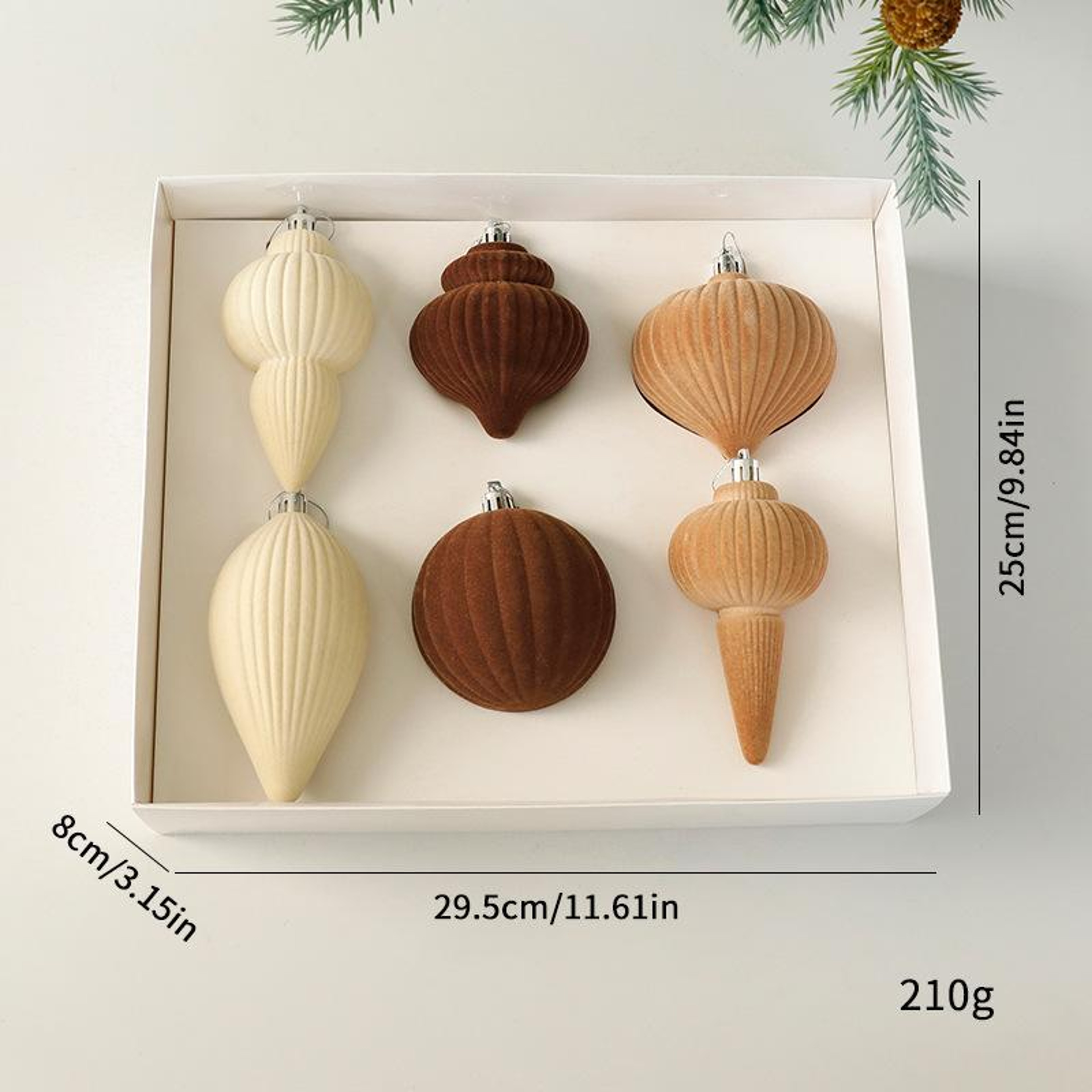 6 Piece Flocked Christmas Ball Ornaments in Beige and Brown – view 5