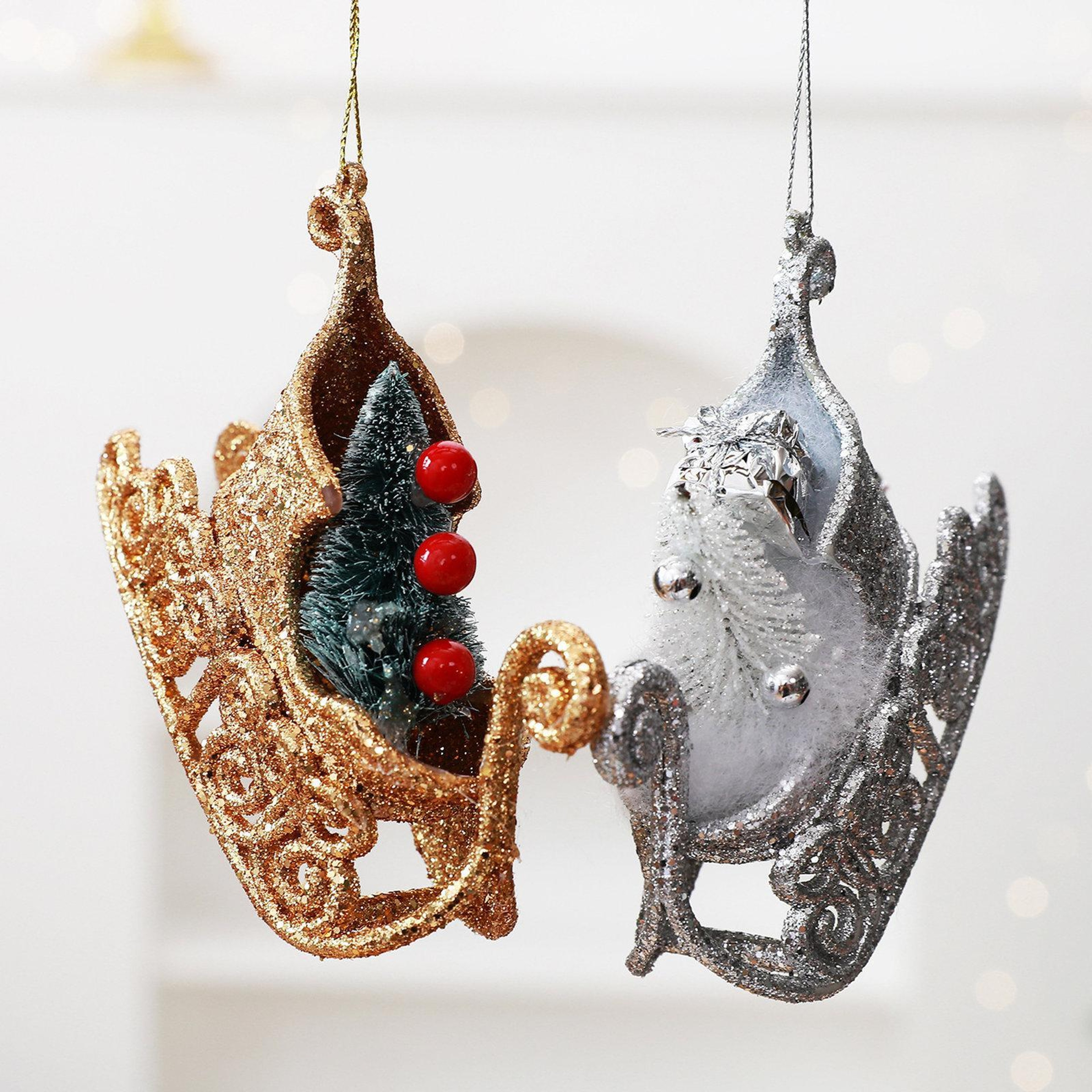 Glitter Christmas Sleigh Ornaments with Mini Trees and Hanging Cord – view 4