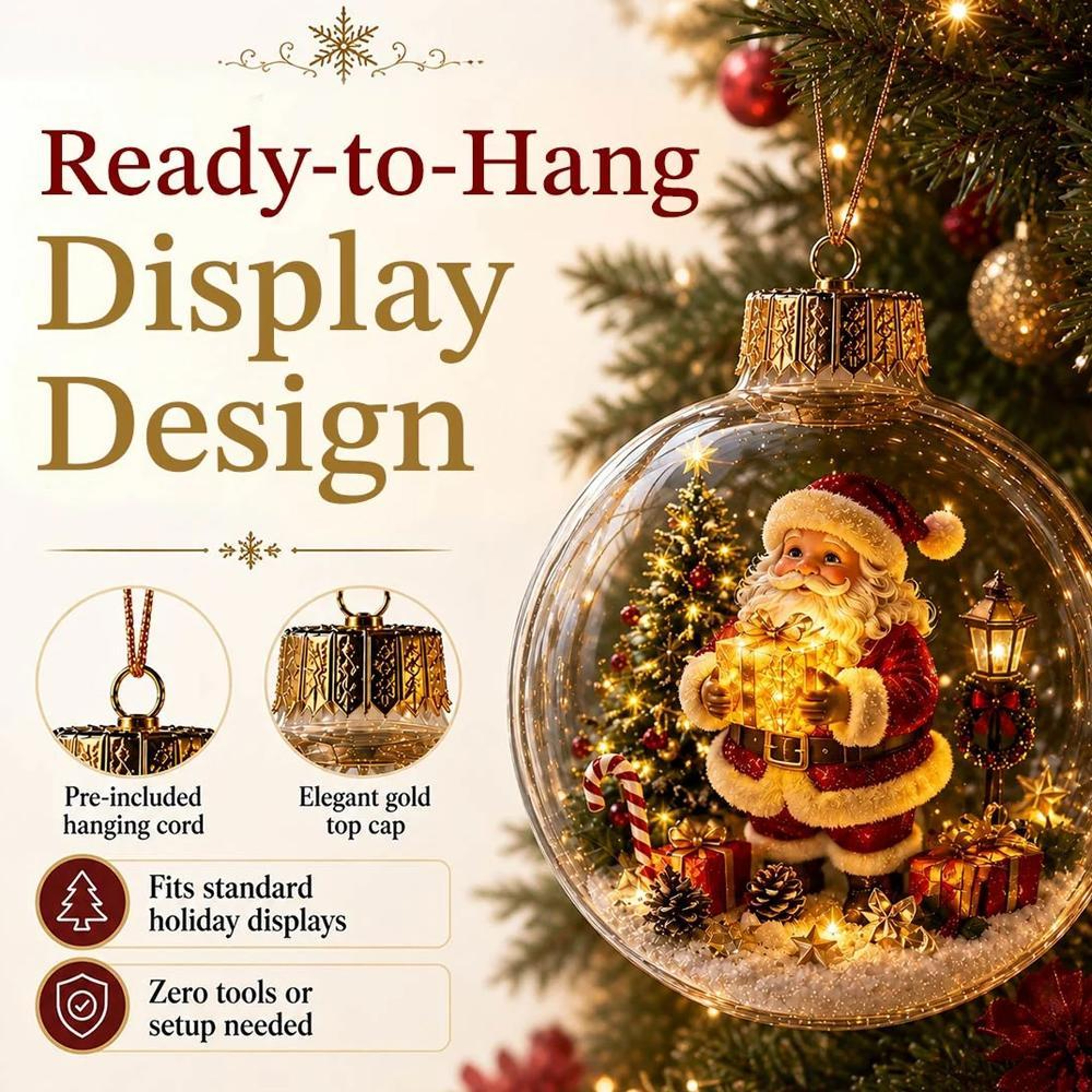 Lighted Christmas Ball Ornament with Santa Diorama and Warm Glow – view 4