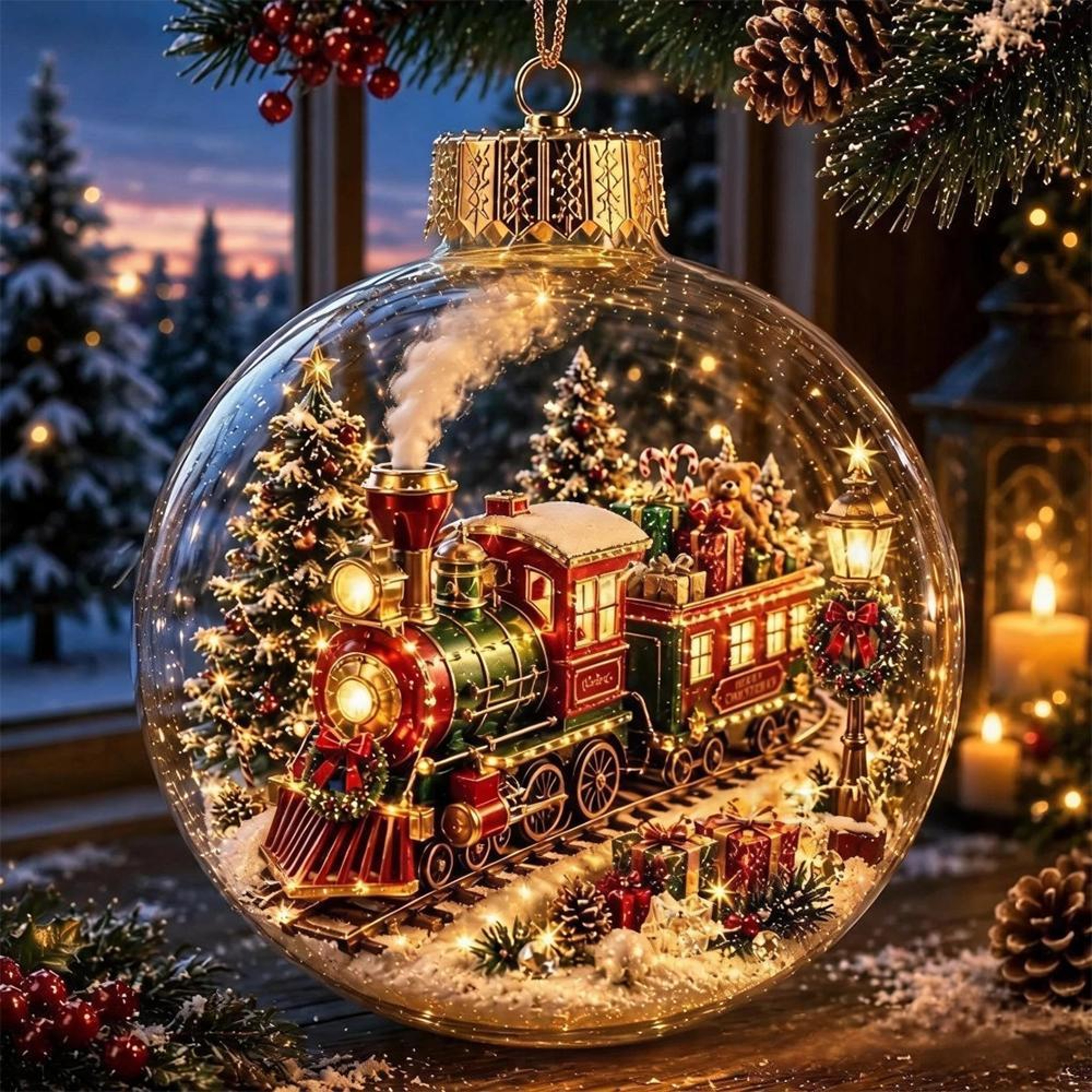 Lighted Christmas Ball Ornament with Santa Diorama and Warm Glow – view 9
