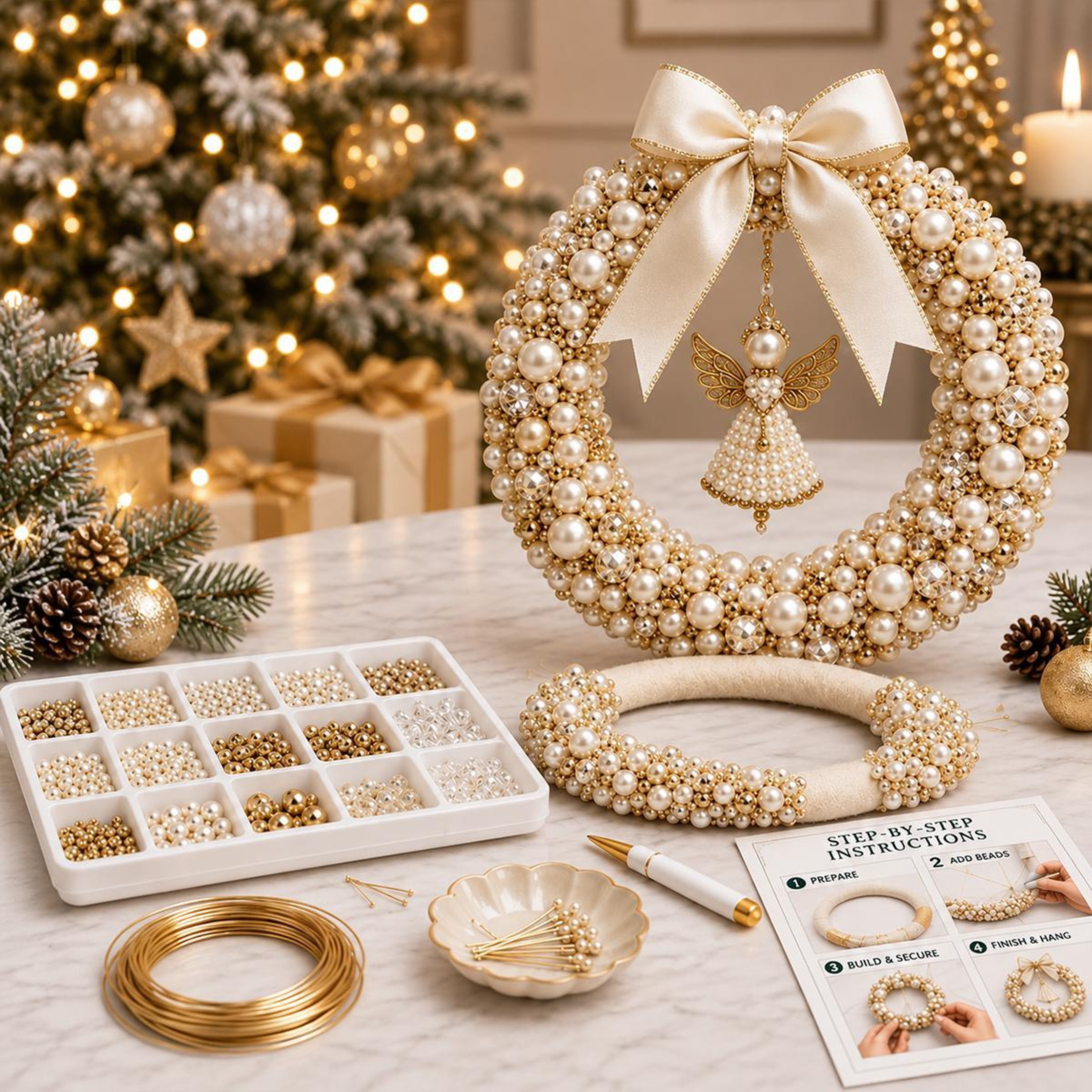 DIY Christmas Pearl Wreath Kit with Beaded Accents and Festive Decorations – view 8