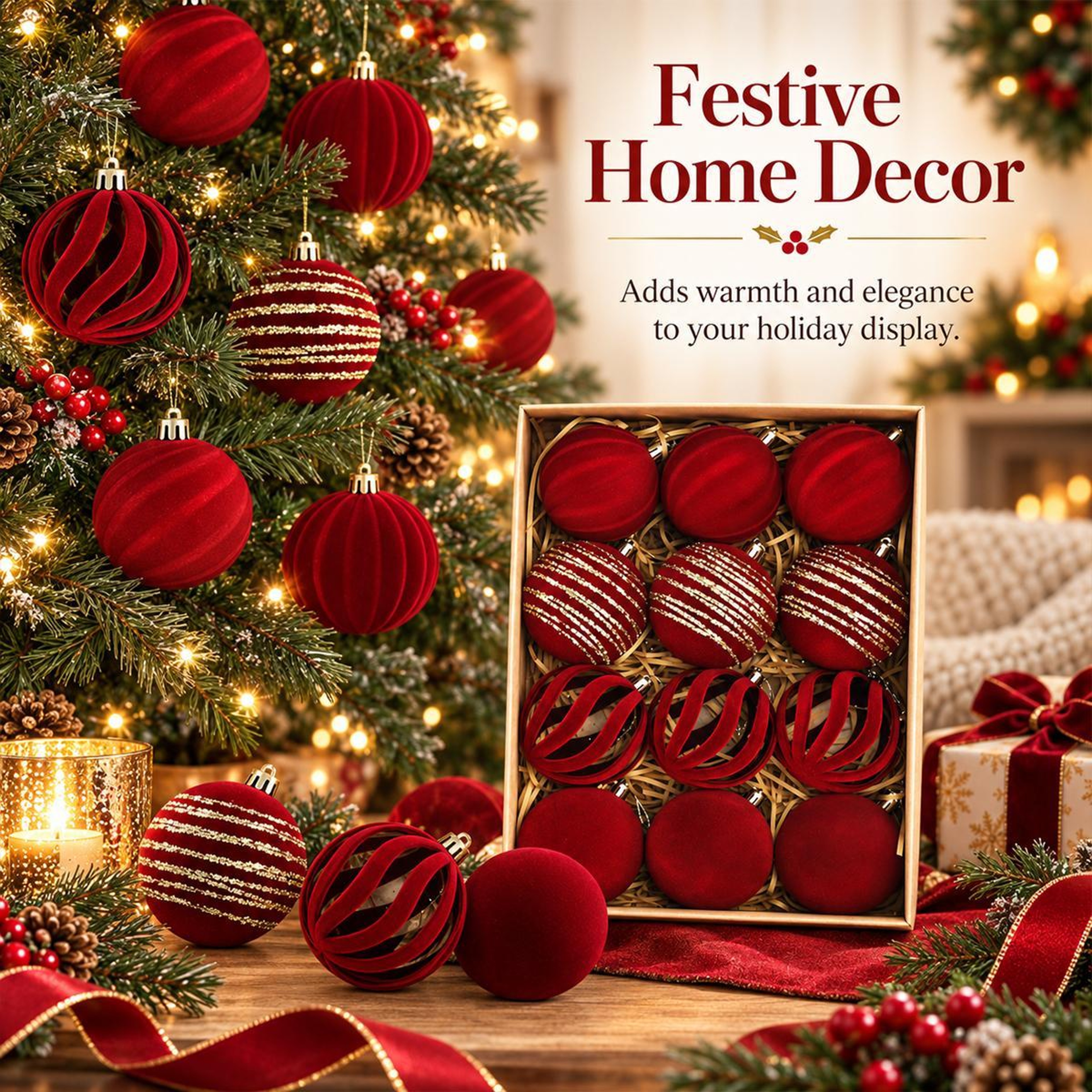 12 Piece Flocked Christmas Ornament Balls with Velvet Finish – view 7