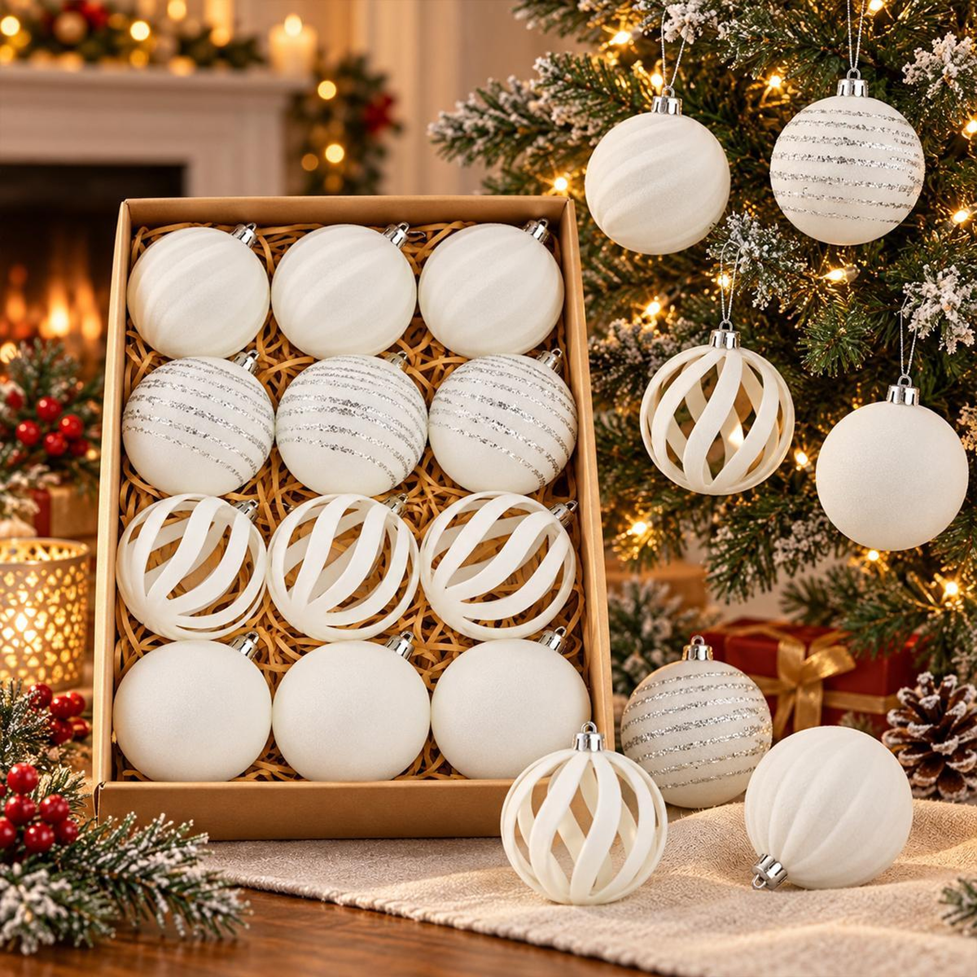12 Piece Flocked Christmas Ornament Balls with Velvet Finish – view 8