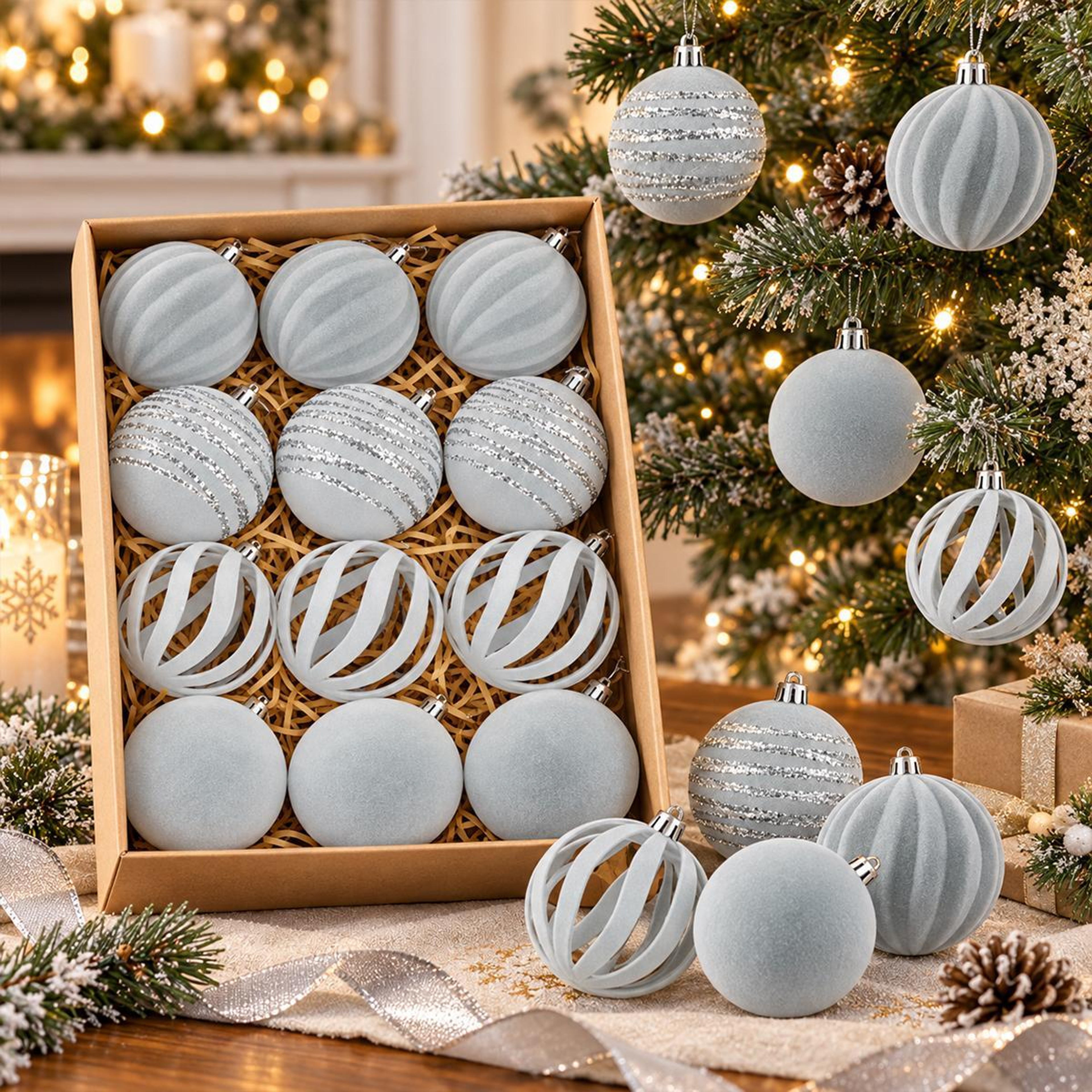 12 Piece Flocked Christmas Ornament Balls with Velvet Finish – view 11