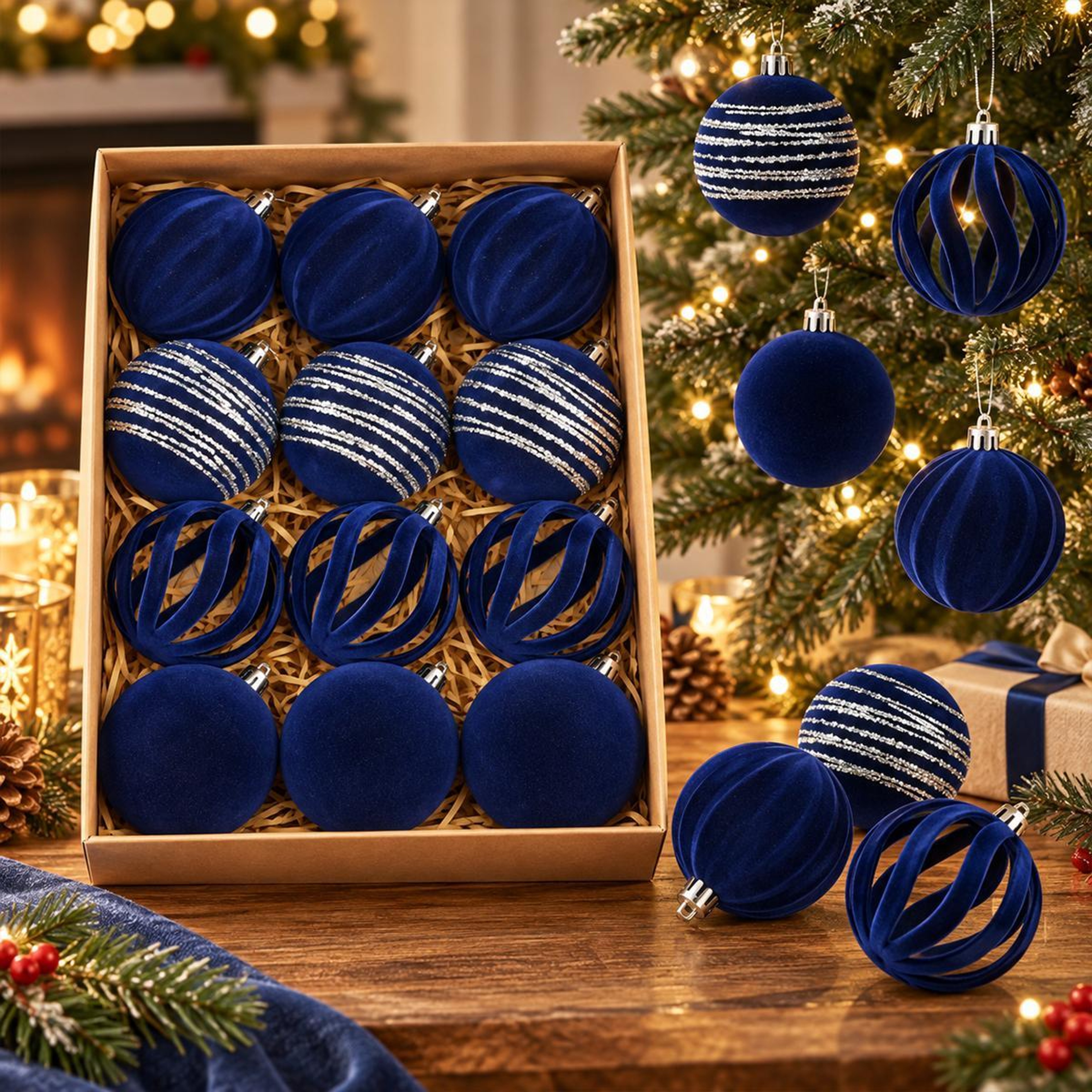 12 Piece Flocked Christmas Ornament Balls with Velvet Finish – view 9