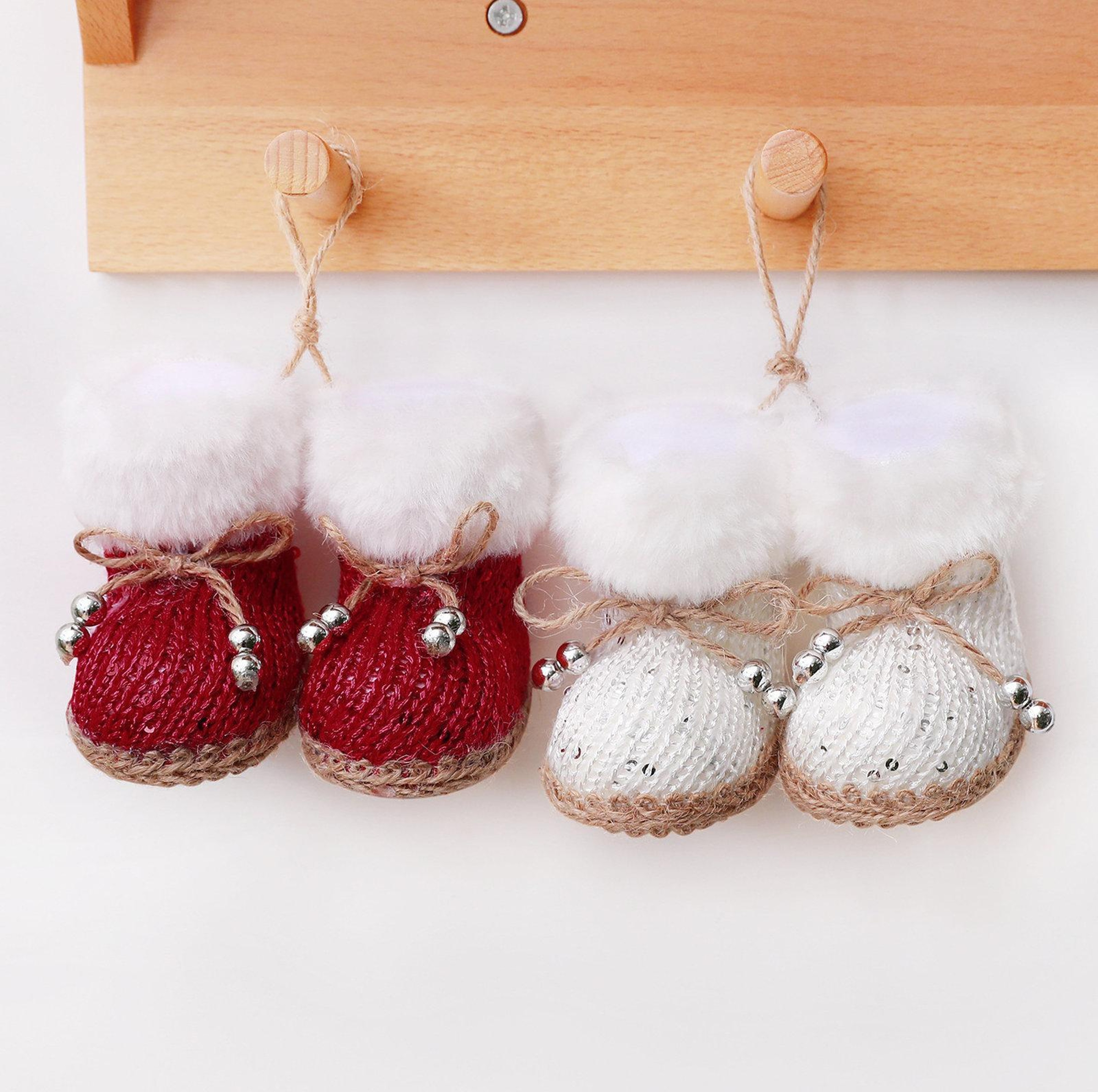Knitted Christmas Boot Ornaments with Faux Fur Trim and Sequin Accents – view 7