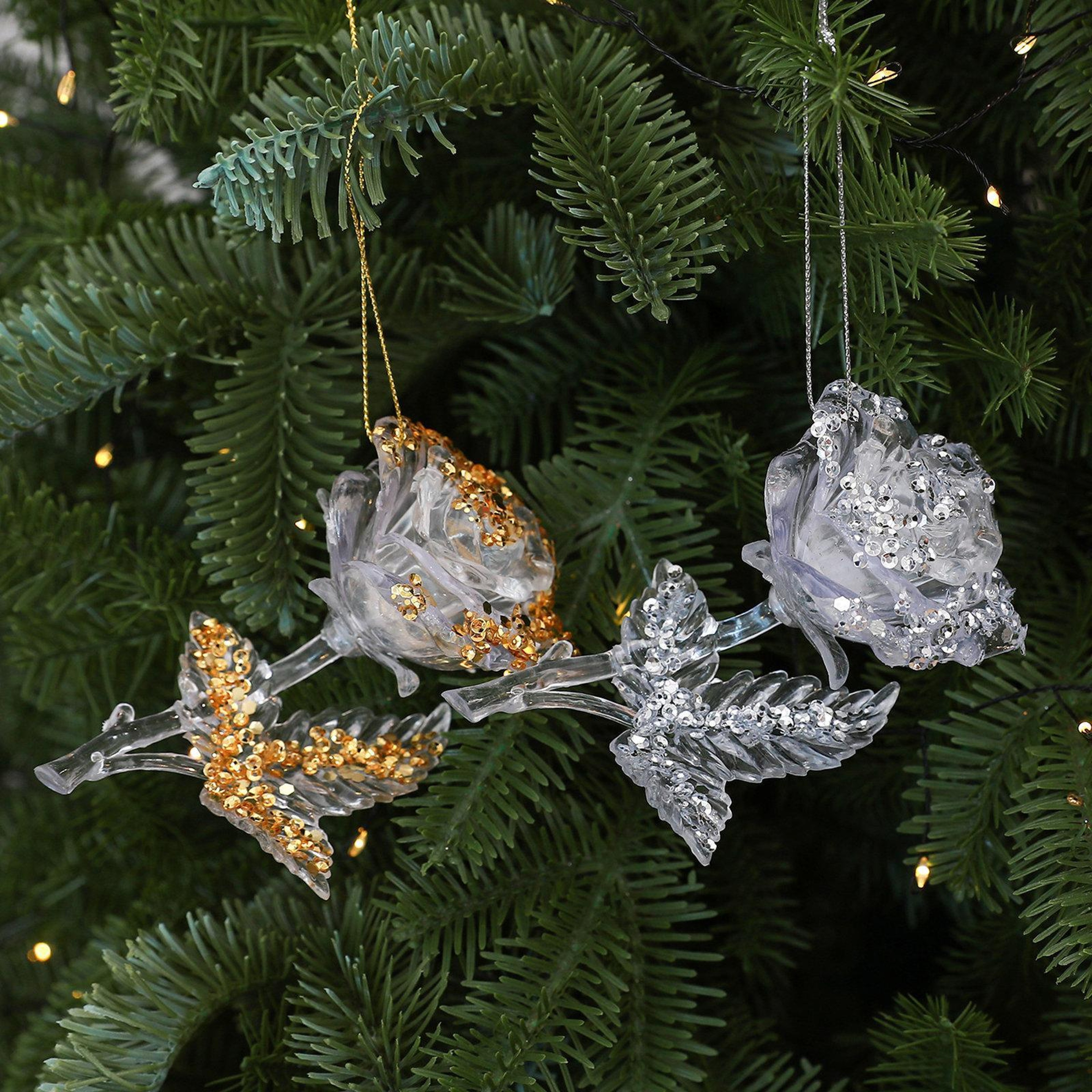 Clear Acrylic Rose Christmas Tree Ornament with Gold or Silver Glitter – view 8
