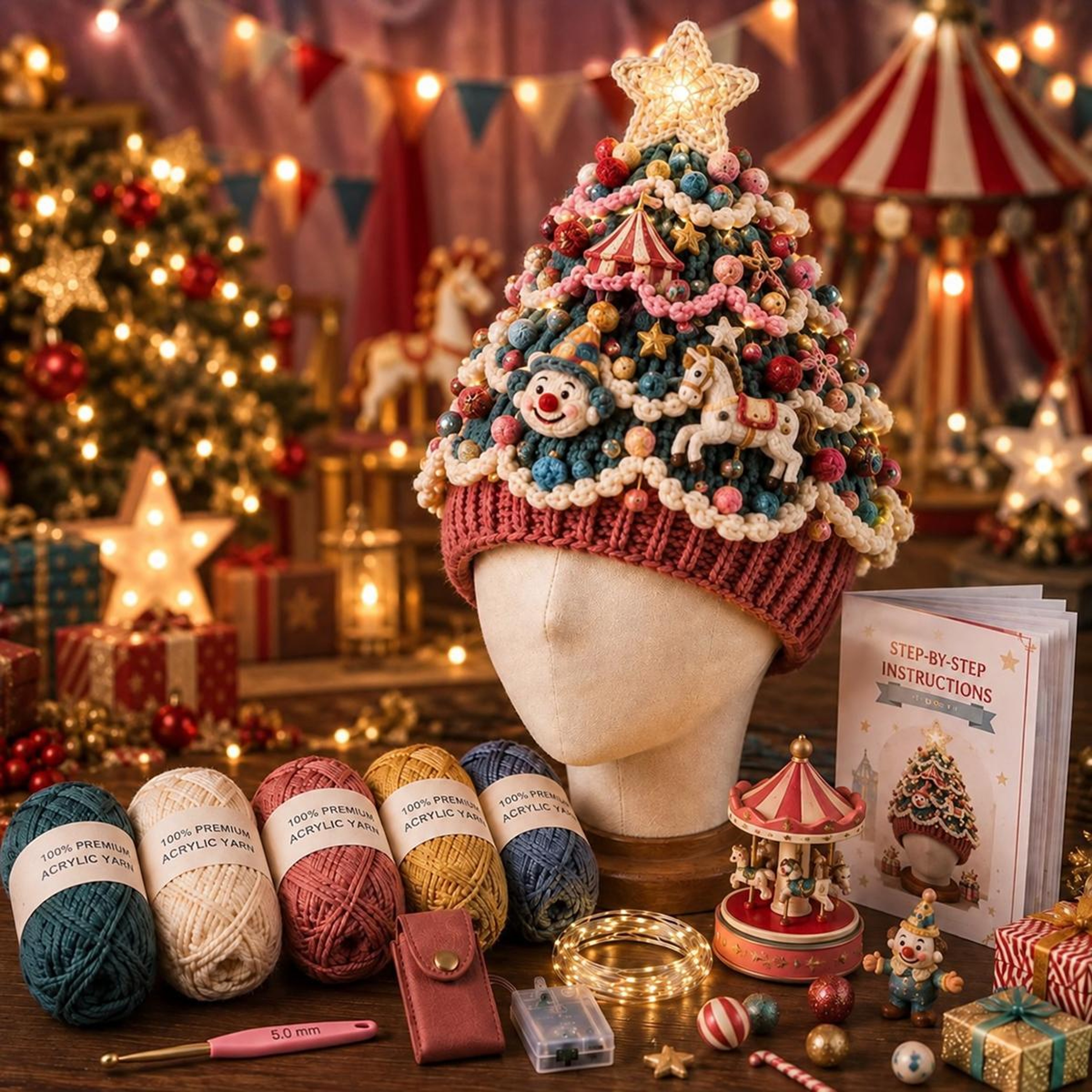 Lighted Christmas Tree Crochet Hat DIY Kit with LED Lights and Star Accents – view 17
