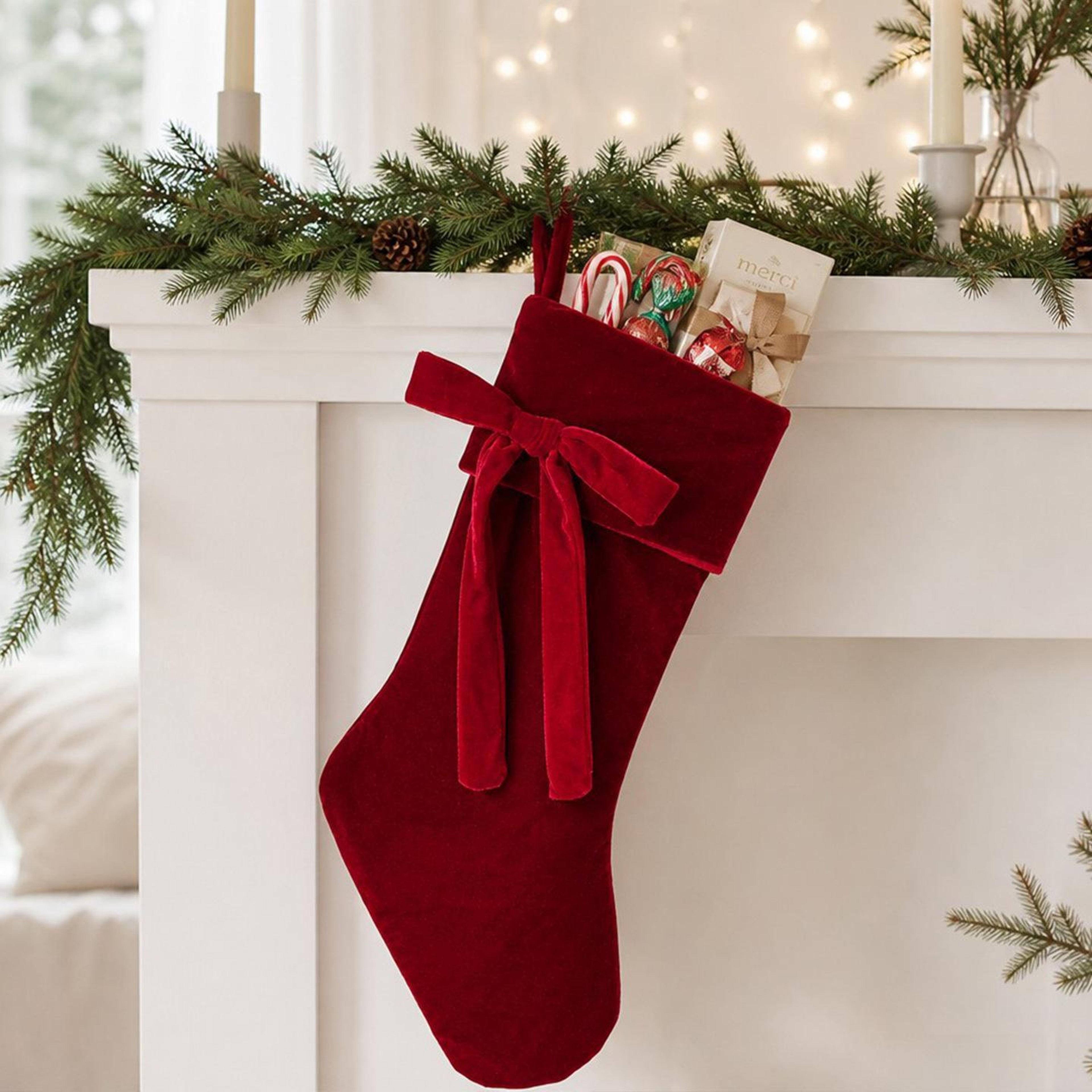 Velvet Christmas Stocking With Plush Fabric And Decorative Holiday Bow 2