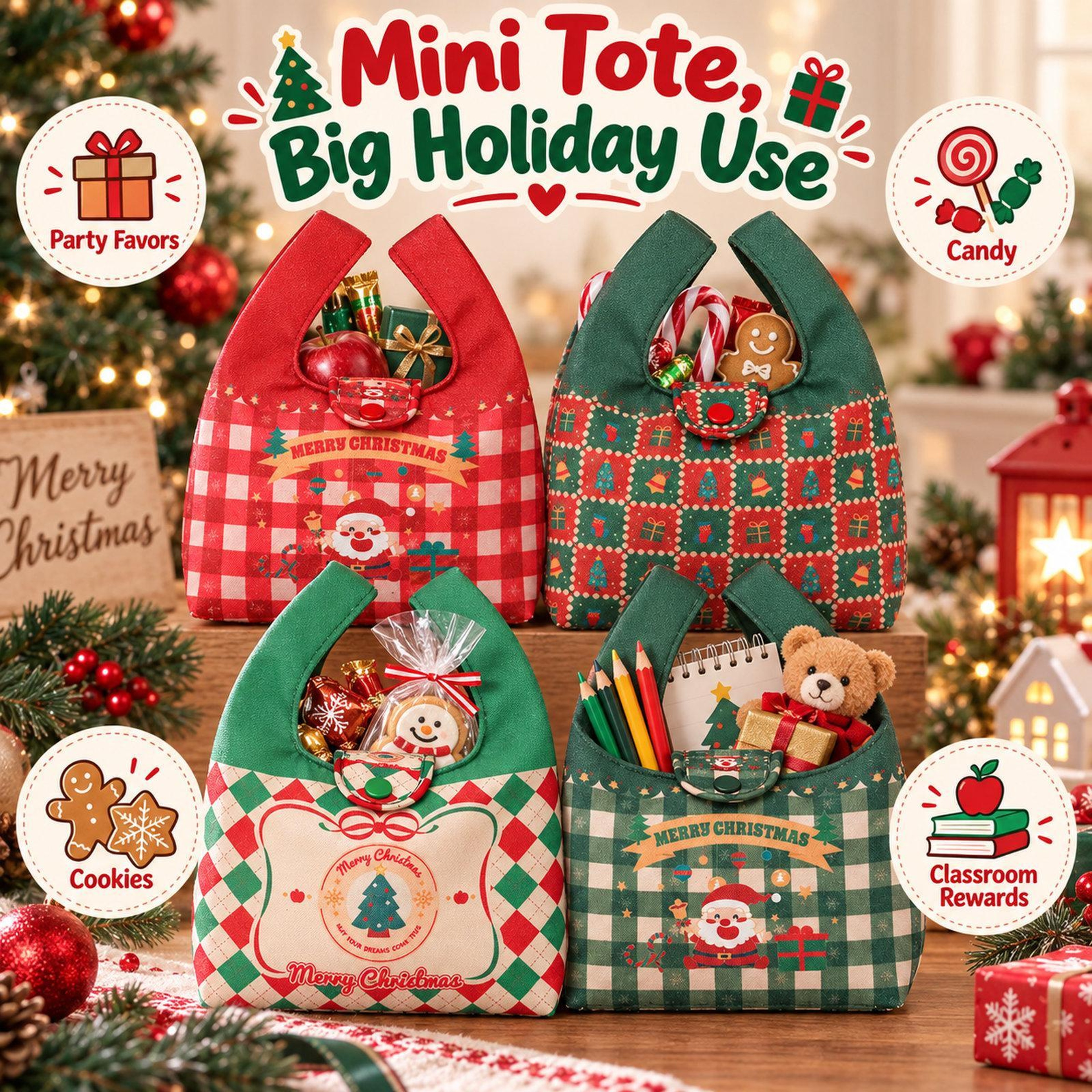 Christmas Canvas Mini Tote Bag with Snap Button for Holiday Treats and Gifts – view 6