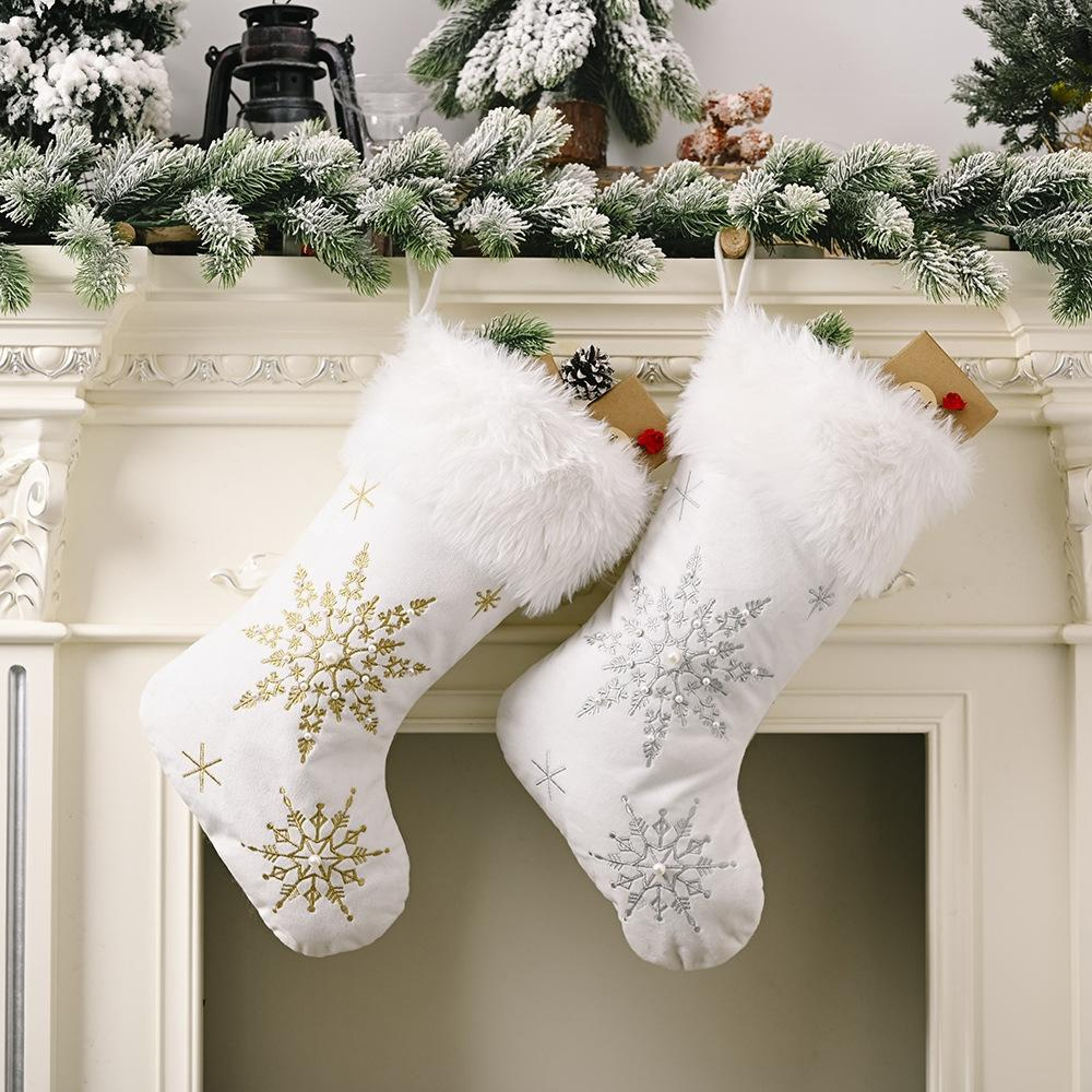 Christmas Stocking with Pearl Snowflake Design Plush Flannel Holiday Decor – view 2