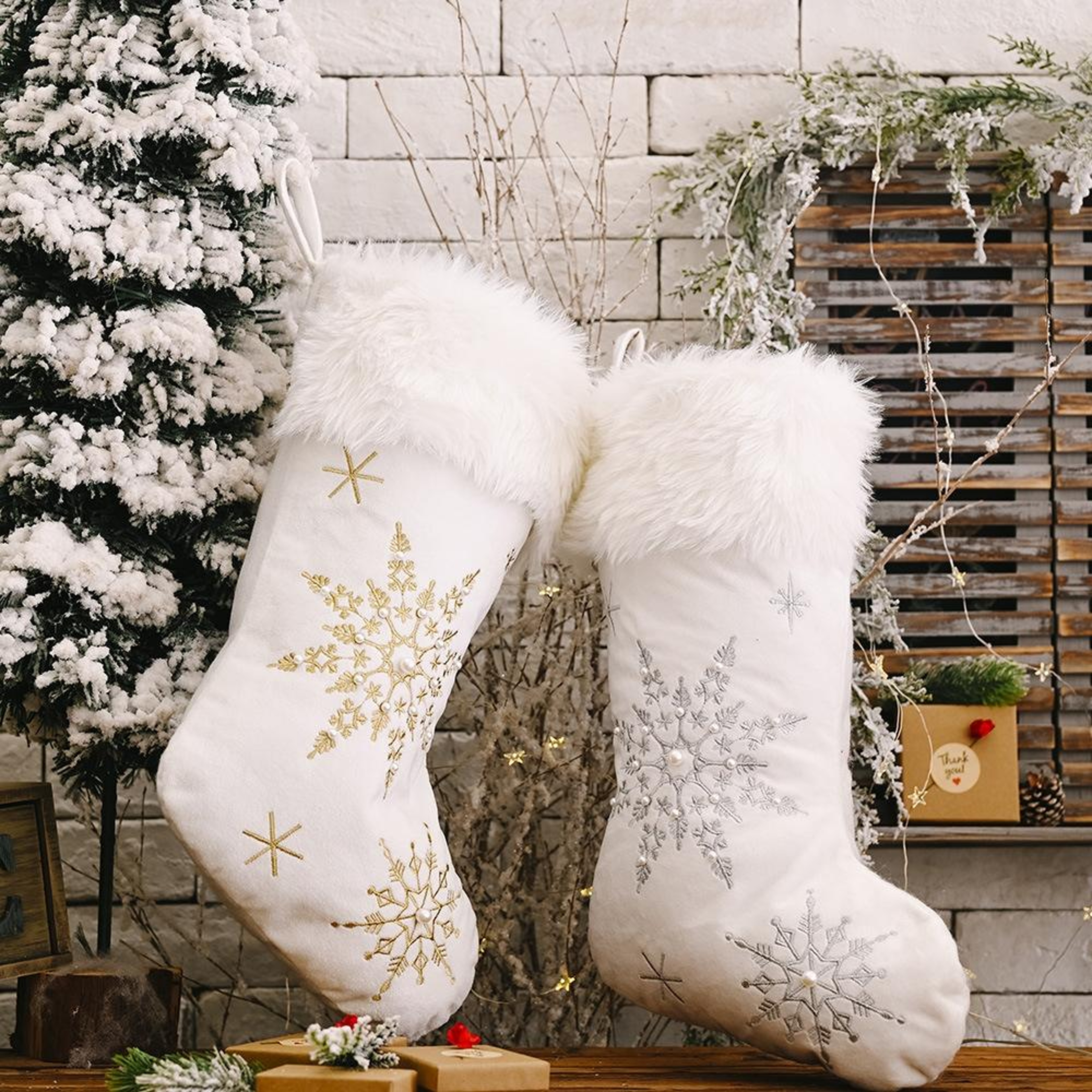 Christmas Stocking with Pearl Snowflake Design Plush Flannel Holiday Decor – view 5