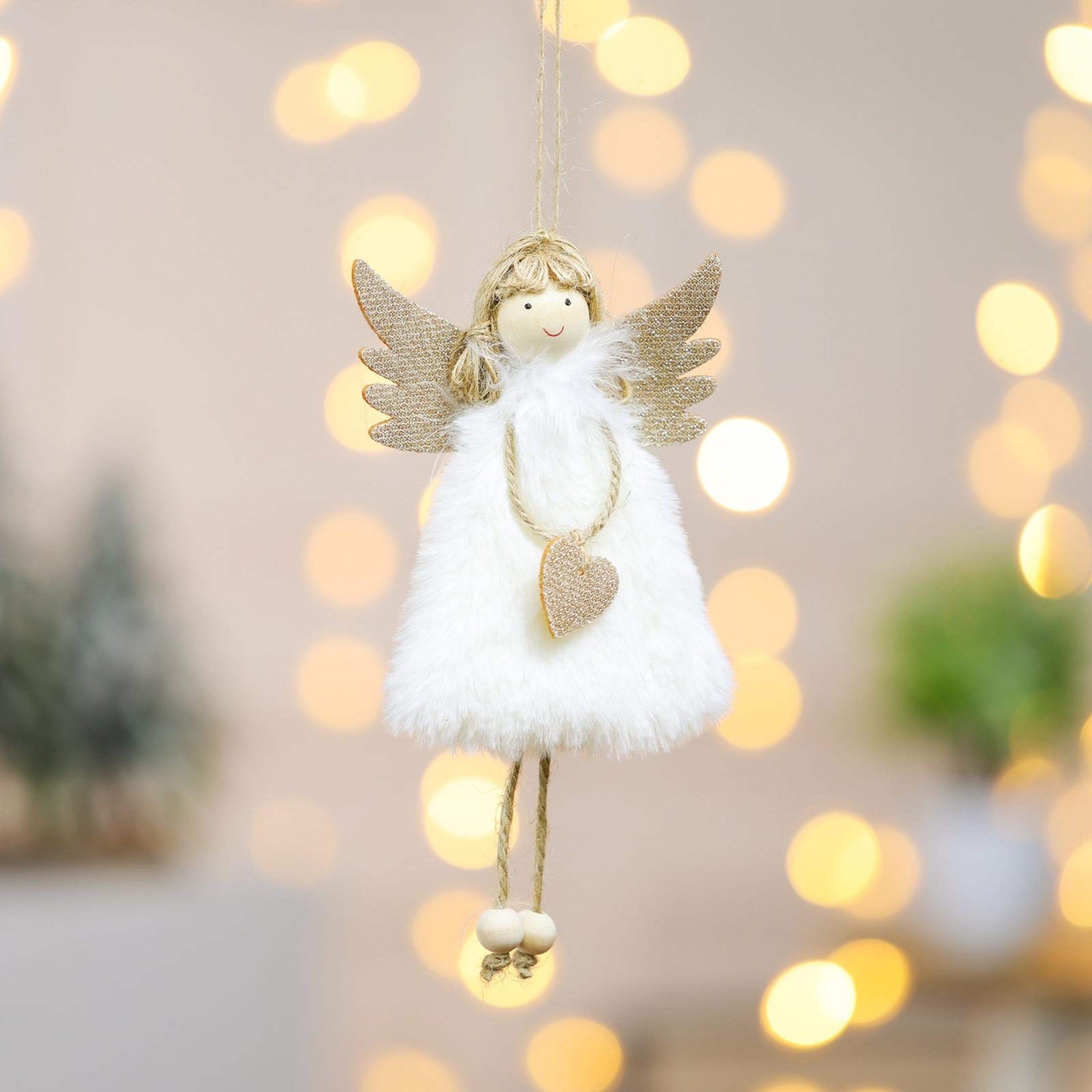 Plush Feather Angel Christmas Tree Ornament with Wooden Accents – view 3
