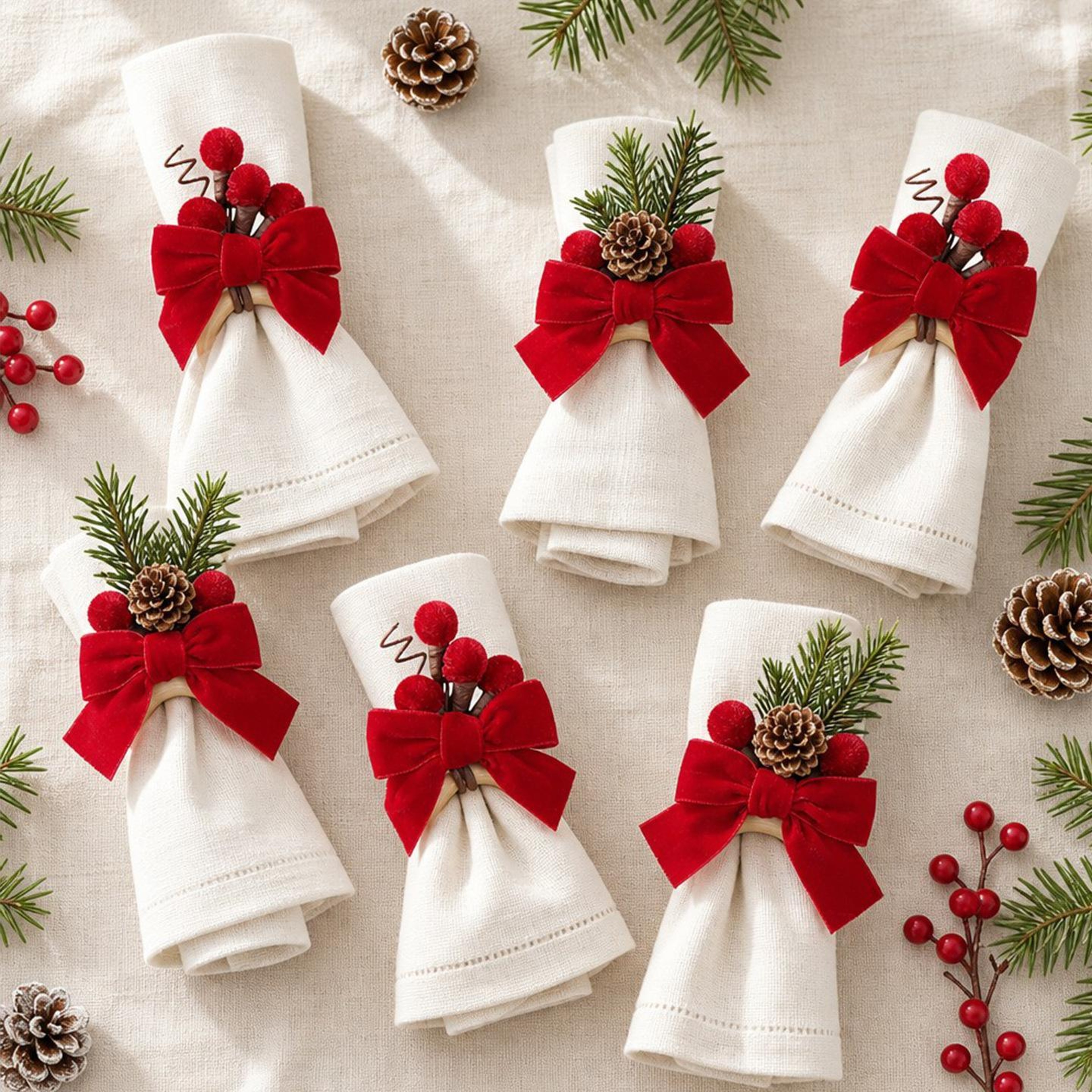 Christmas Napkin Rings Set of 6 with Red Velvet Bows and Wooden Holders – view 4