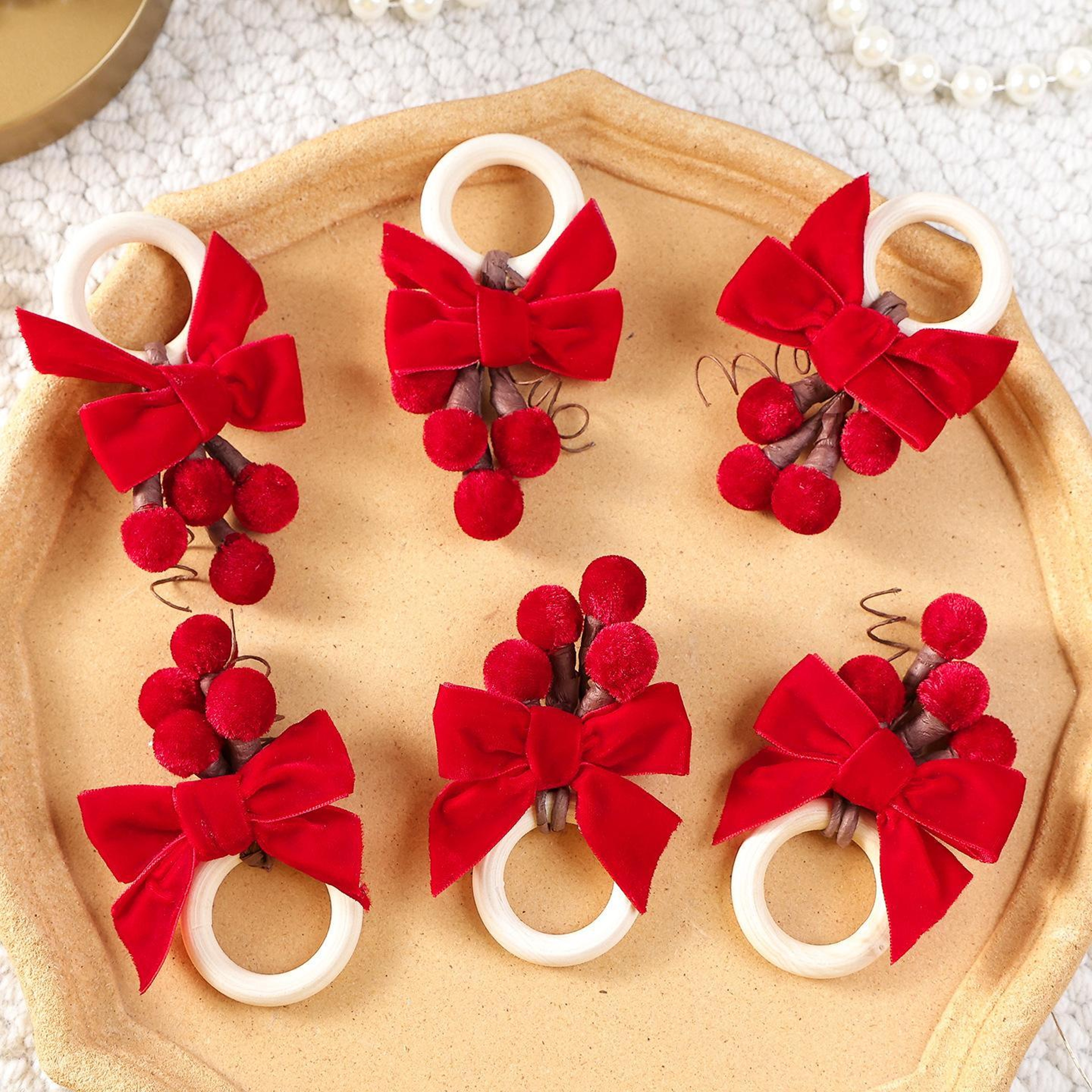 Christmas Napkin Rings Set of 6 with Red Velvet Bows and Wooden Holders – view 3