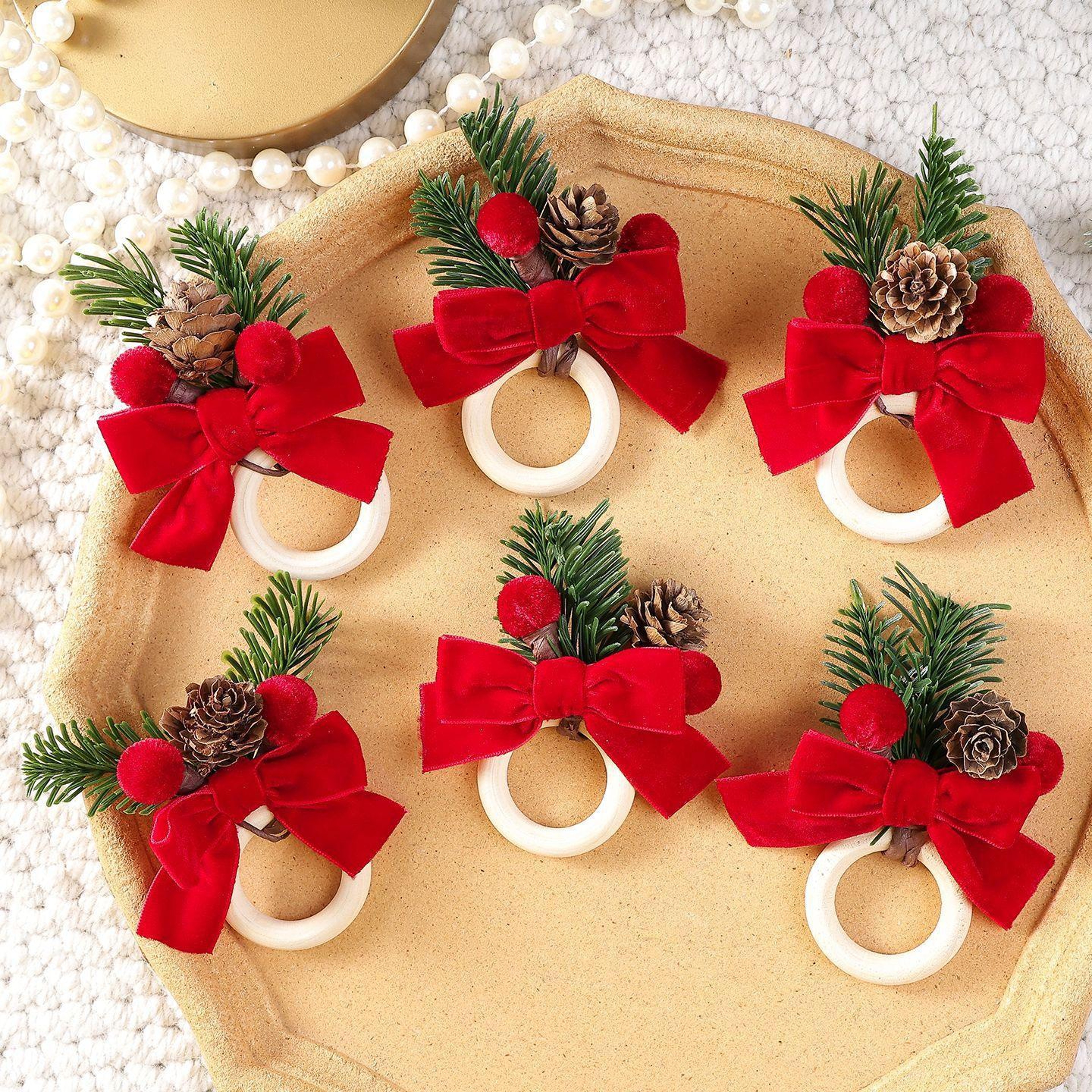 Christmas Napkin Rings Set of 6 with Red Velvet Bows and Wooden Holders – view 5