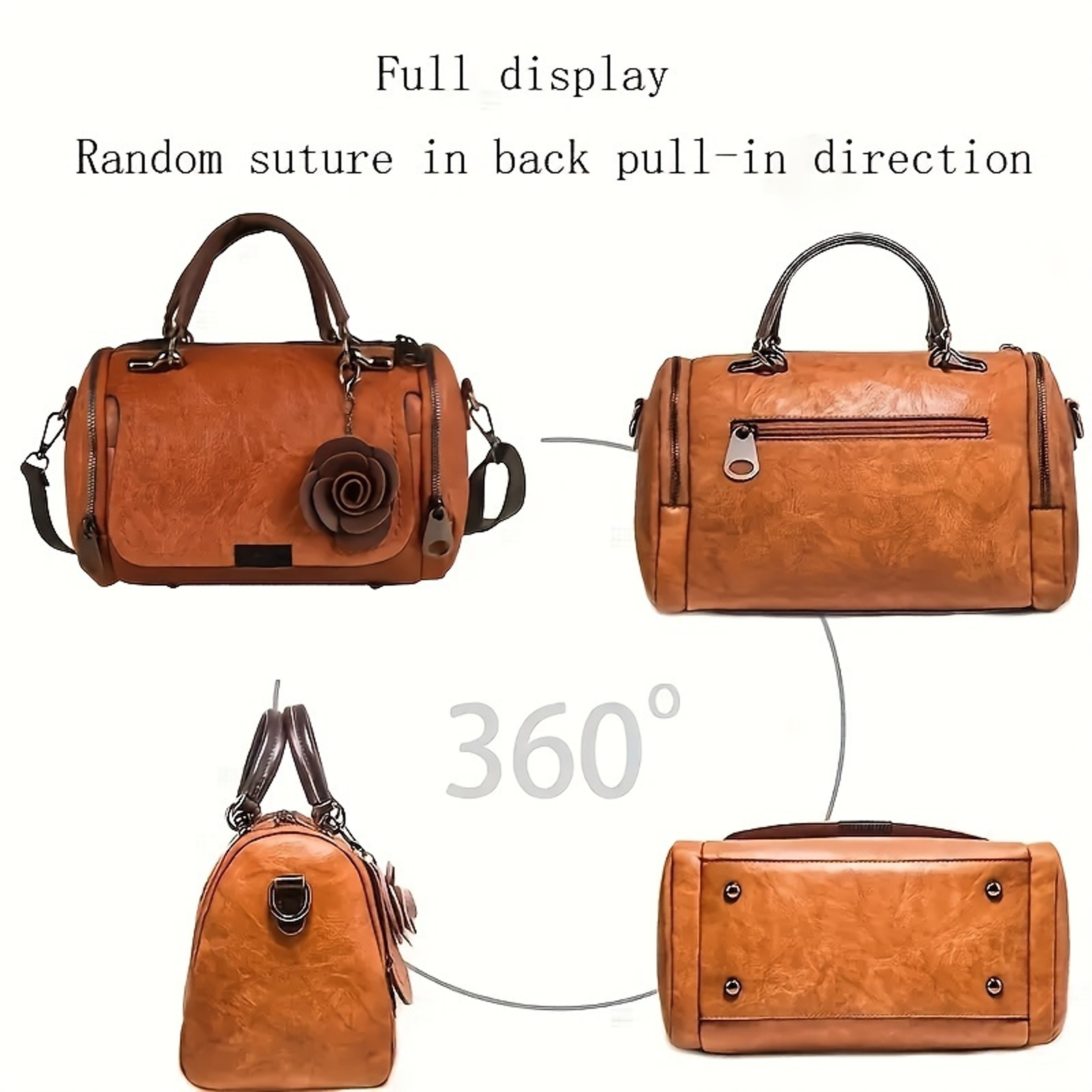Vintage Boston Handbag Large Capacity PU Leather Satchel With Flower Pendant 1
