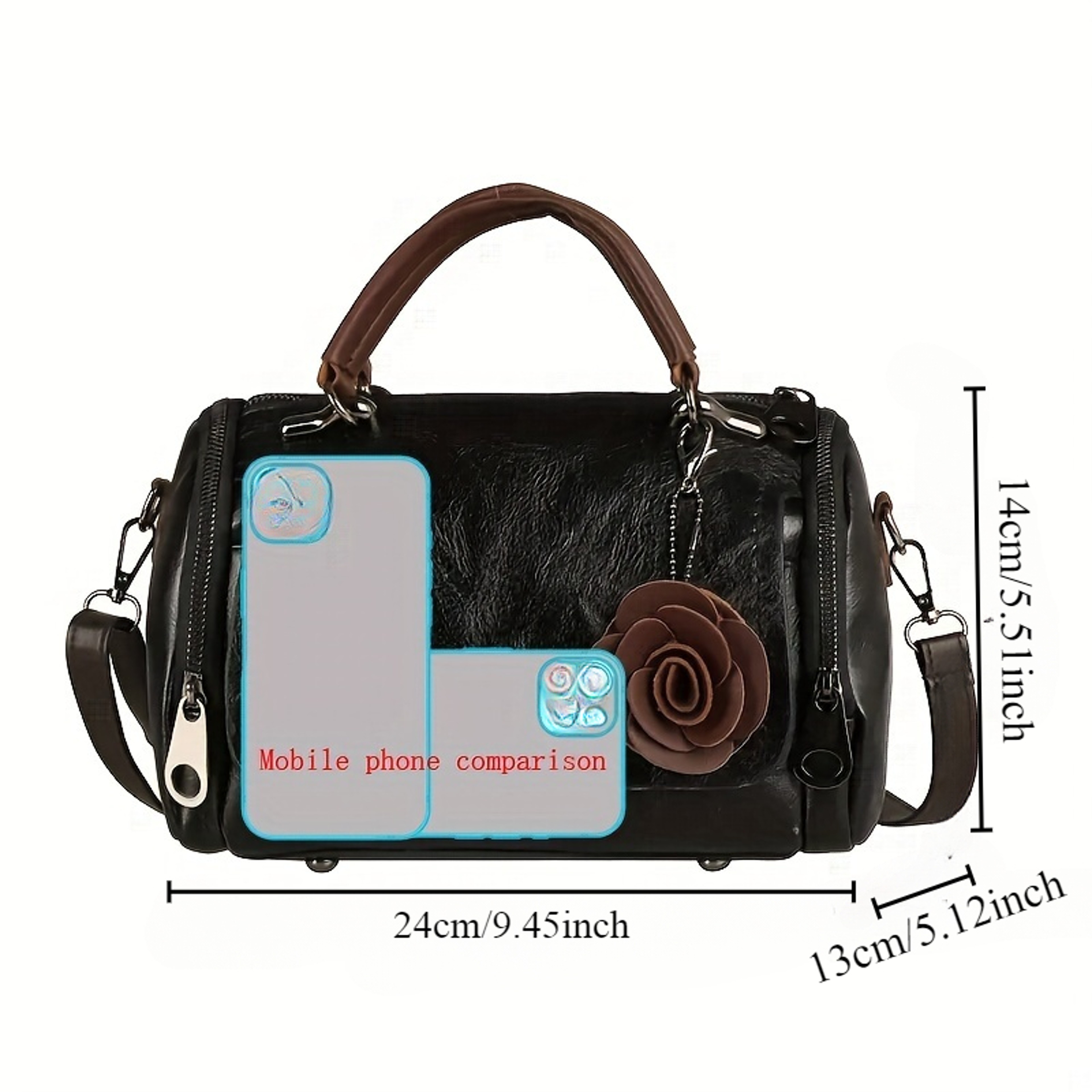 Vintage Boston Handbag Large Capacity PU Leather Satchel With Flower Pendant 2